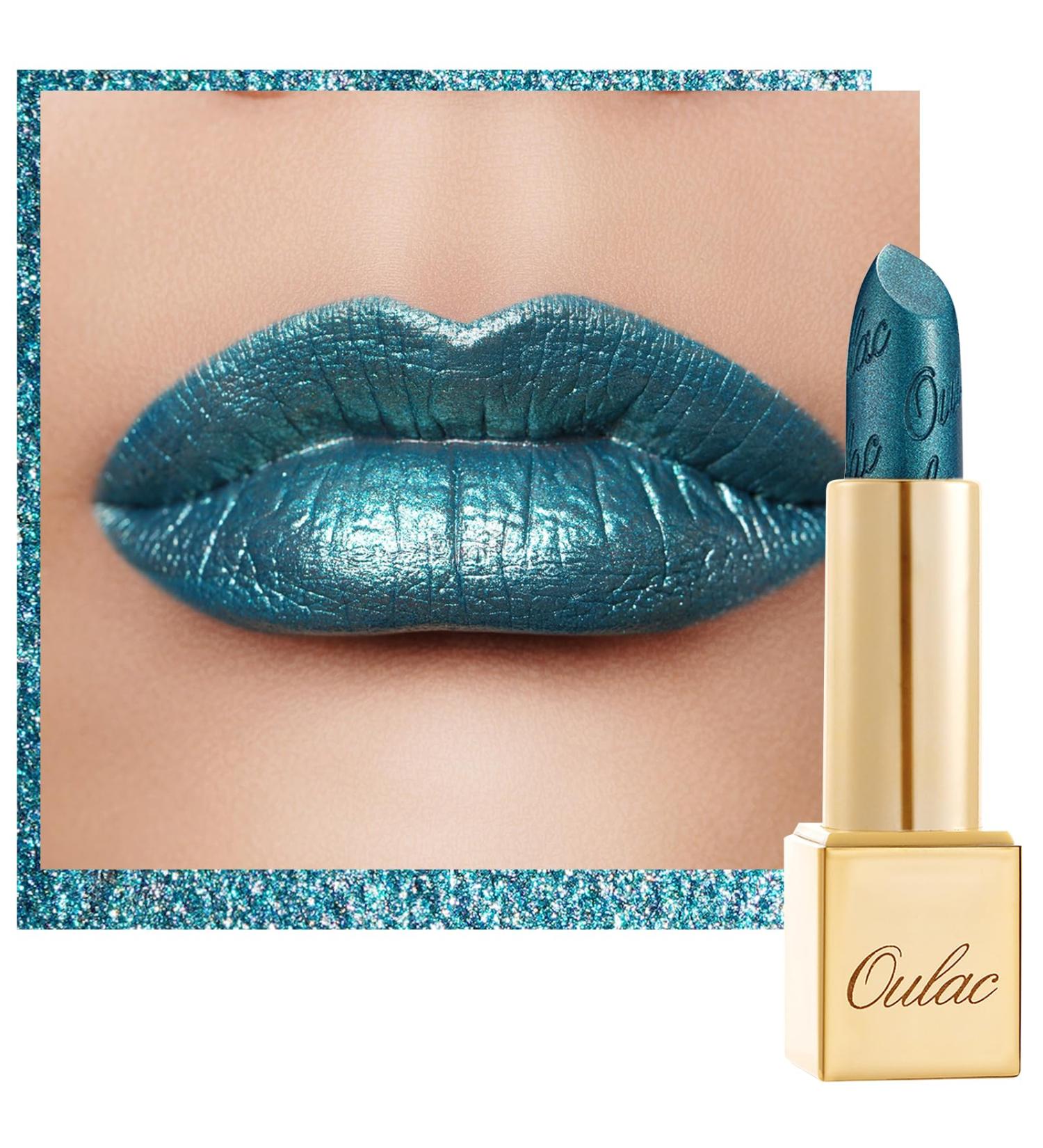 Oulac Halloween Green Metallic Glitter Lipstick - Long-lasting Vegan Lip Color in Turquoise (20) - Buy Online on GoSupps.com