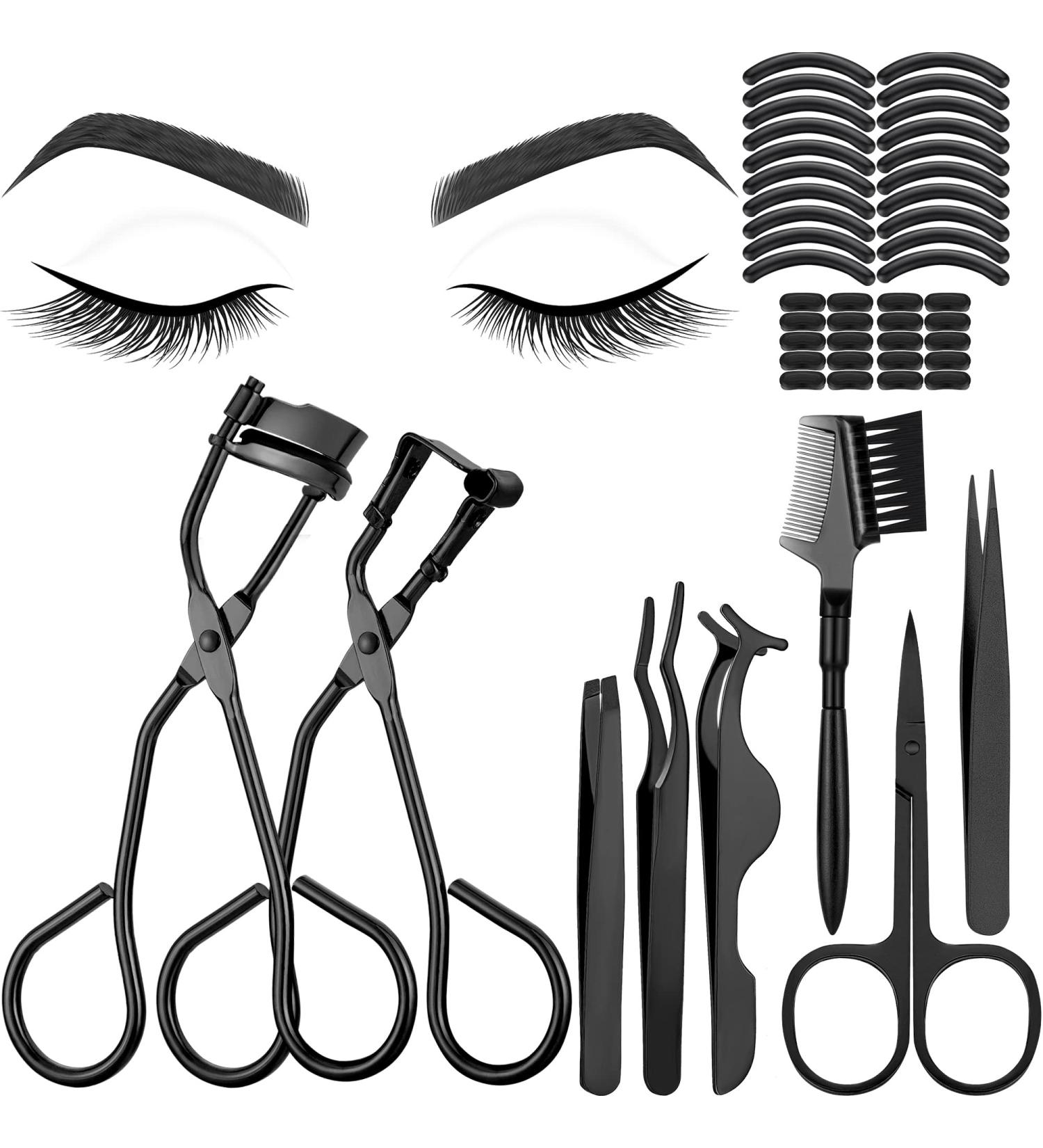 48-Piece Eyelash Curler Set with Mini Kit, Tweezers, Brush, Scissors, Silicone Pads (Black) - Buy Online on GoSupps.com