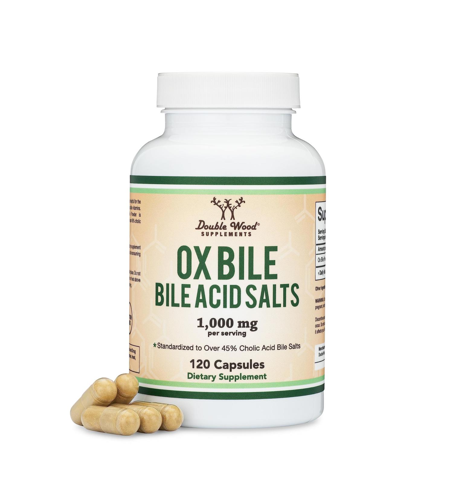 Ox Bile Supplement for No Gallbladder (1,000mg Per Serving 500mg per Capsule 120 Capsules) Standardized to 45% Cholic Acid Bile Salts to Help Address Bile Salt Deficiencies by Double Wood - Buy Online on GoSupps.com