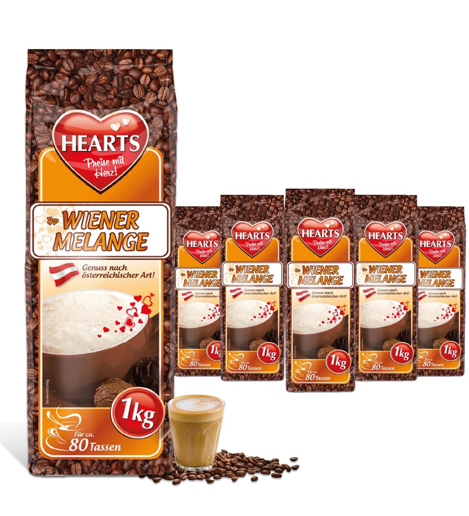 HEARTS Cappuccino Wiener Melange Pack of 5 x 1 kg cans of instant Wiener Art coffee powder soluble milky creamy sufficient for 400 cups - Buy Online on GoSupps.com