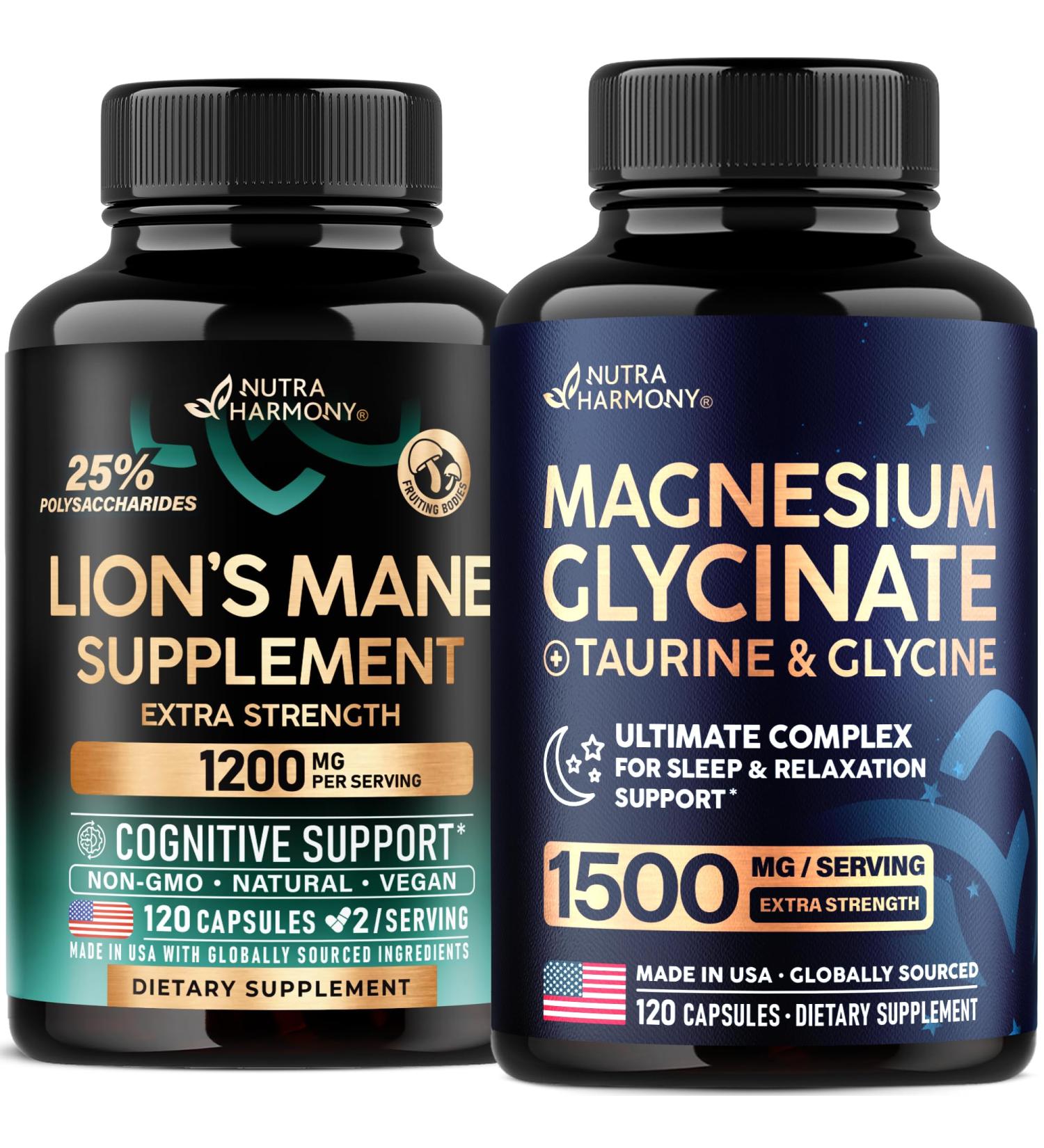 NUTRAHARMONY Lions Mane & Magnesium Glycinate with Glycine Capsules