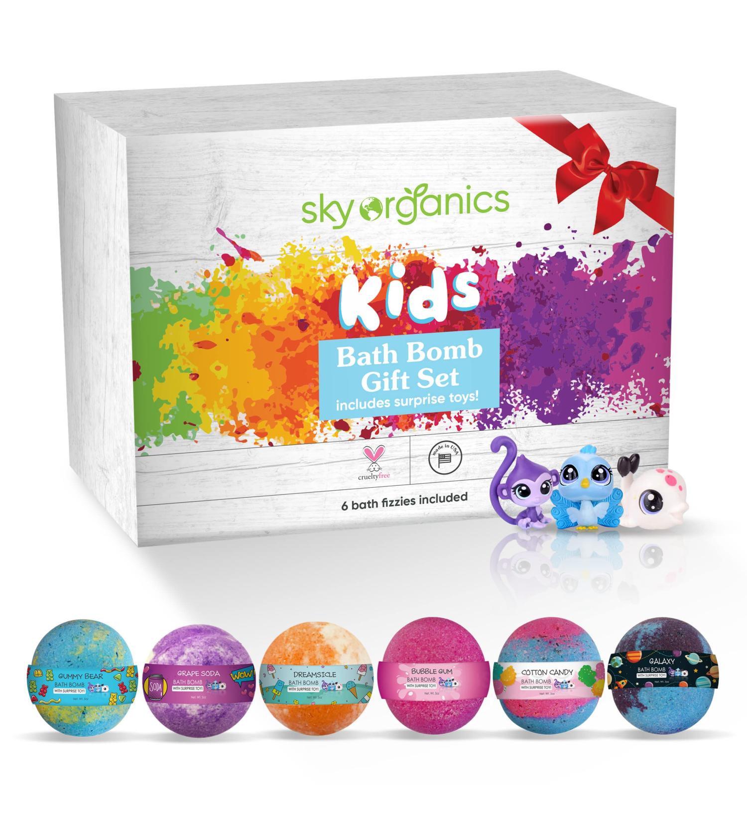 Sky Organics Kids Bath Bombs Gift Set - 6 Jumbo Bubble Bath Fizzies with Surprise Toys - Made in USA - Buy Online on GoSupps.com