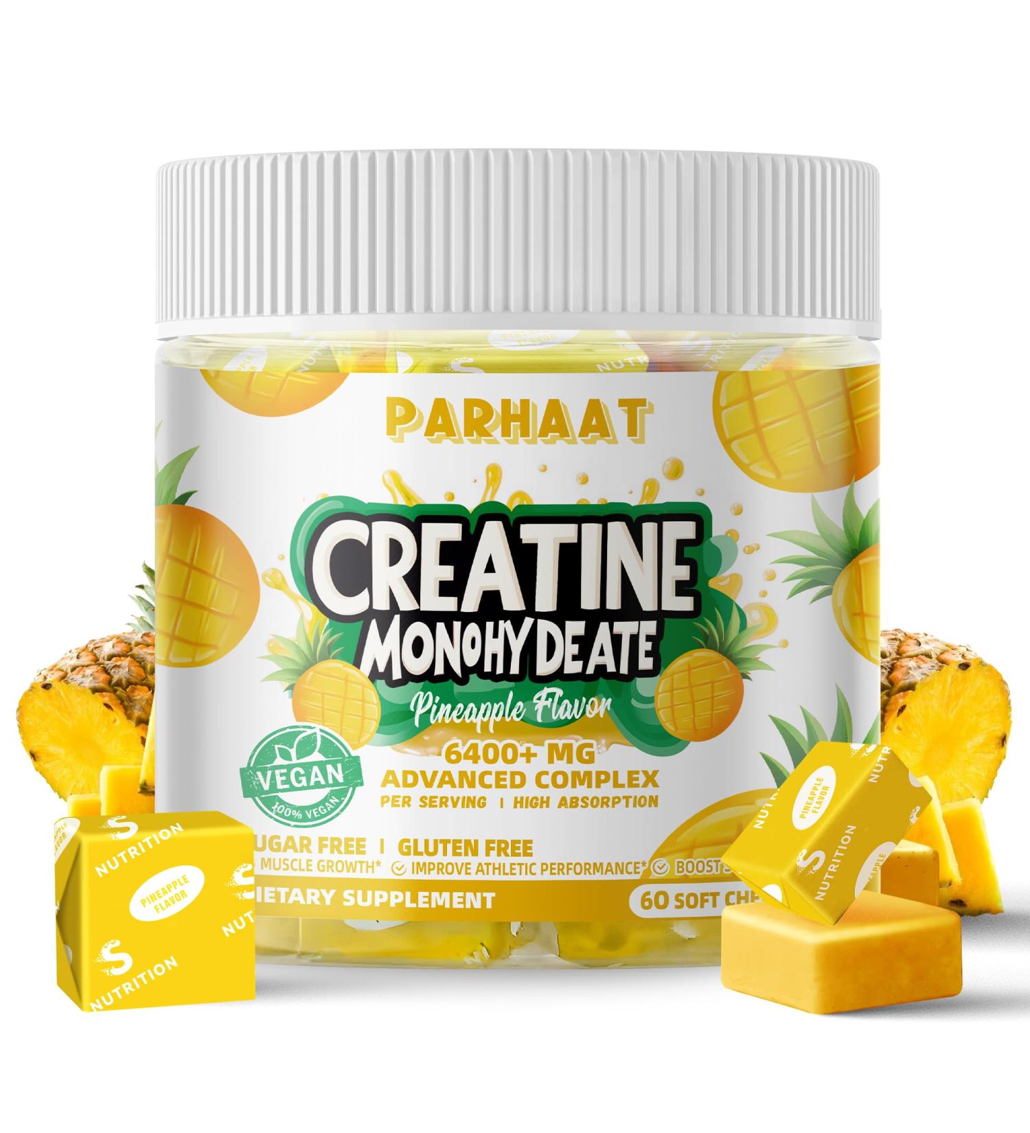 Creatine Monohydrate Chews Complex 6400mg for Men & Women -Advanced Formula W/L-Taurine + Vitamin B12 Sugar Free Chewable Supplement 60 Pineapple Softchews - Buy Online on GoSupps.com