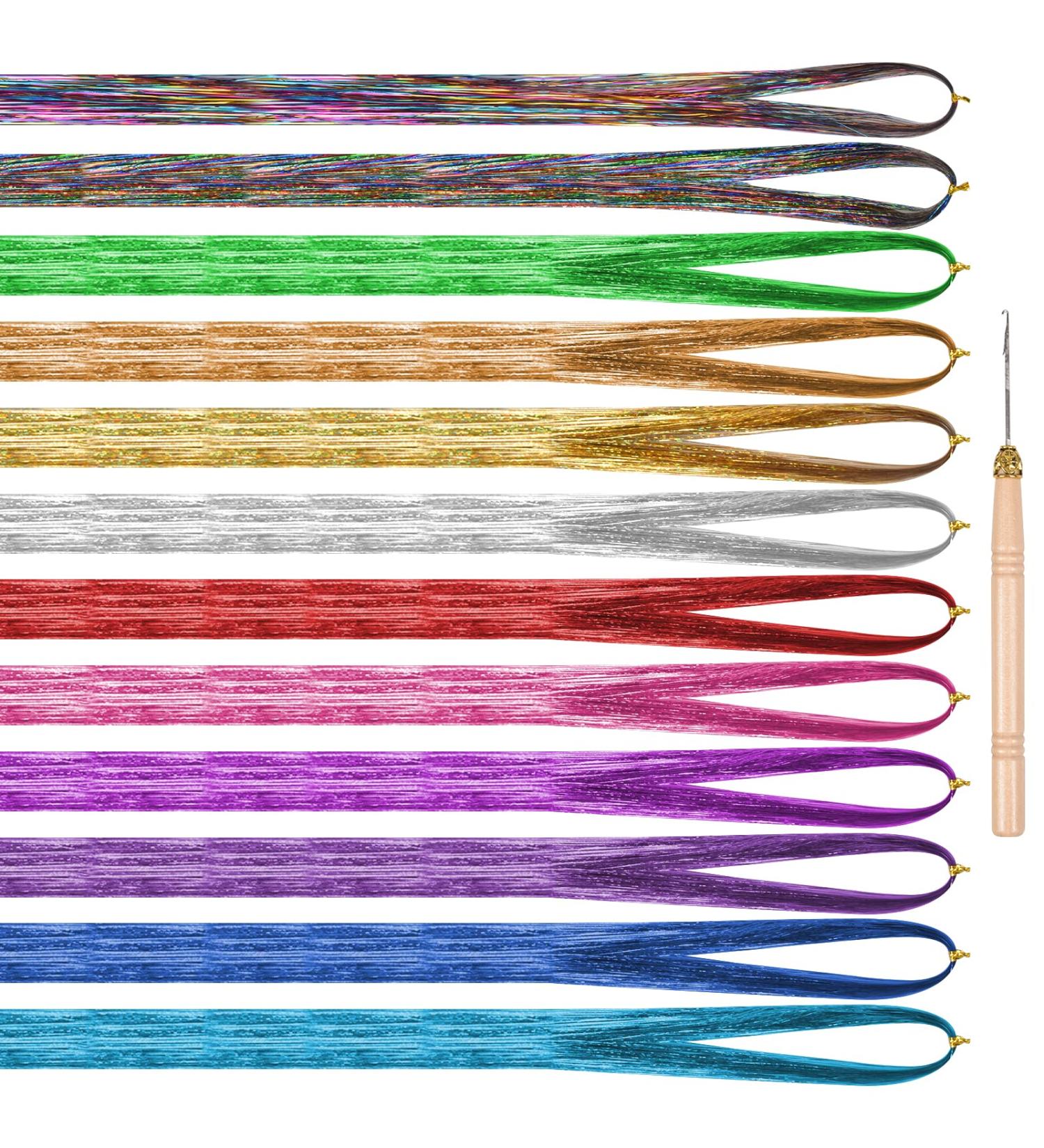 Avodova Glitter Hair Extensions - 12 Color Multi-Colored Strands for Vibrant Hairstyles | Synthetic Hair Kits with Hooks - Buy Online on GoSupps.com