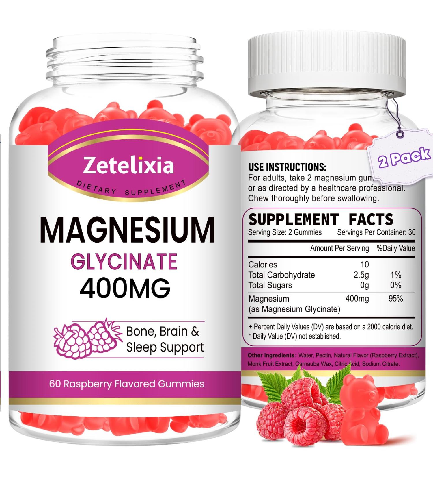 2 Pack Magnesium Glycinate Gummies, High Absorption Magnesium Glycinate Supplements for Relaxation, Sugar Free Chews for Adults & Kids, Relax Mood, Raspberry Flavor, 120 Count Magnesium Glycinate 60 Count (Pack of 2) - Buy Online on GoSupps.com