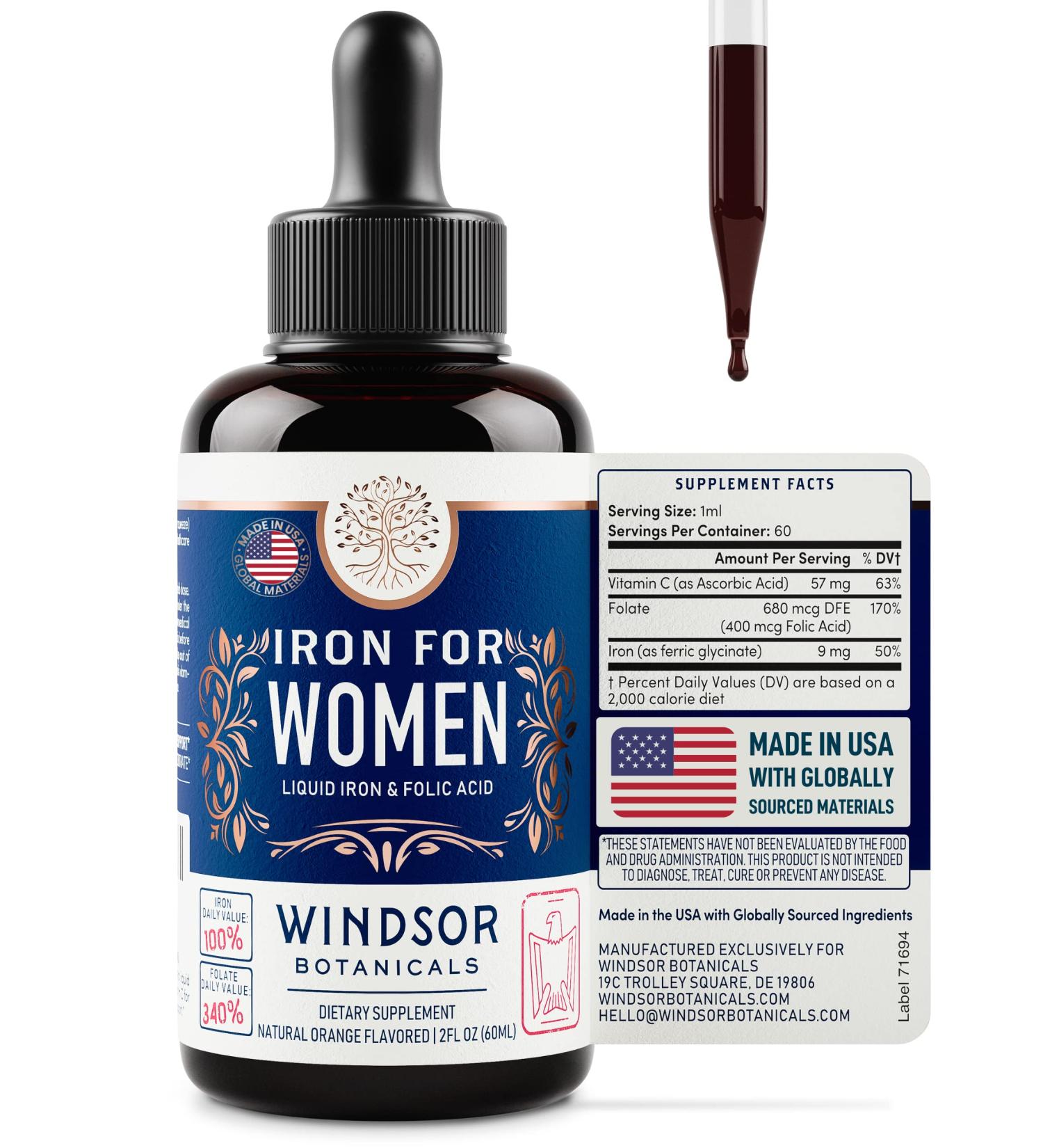 Windsor Botanicals Liquid Iron Supplement for Women - Folic Acid Vitamin C - Vegan Iron for Anemia & Pregnancy Support - Gluten-Free Non-GMO - 30 Days Supply - 2oz Orange Flavor - Buy Online on GoSupps.com