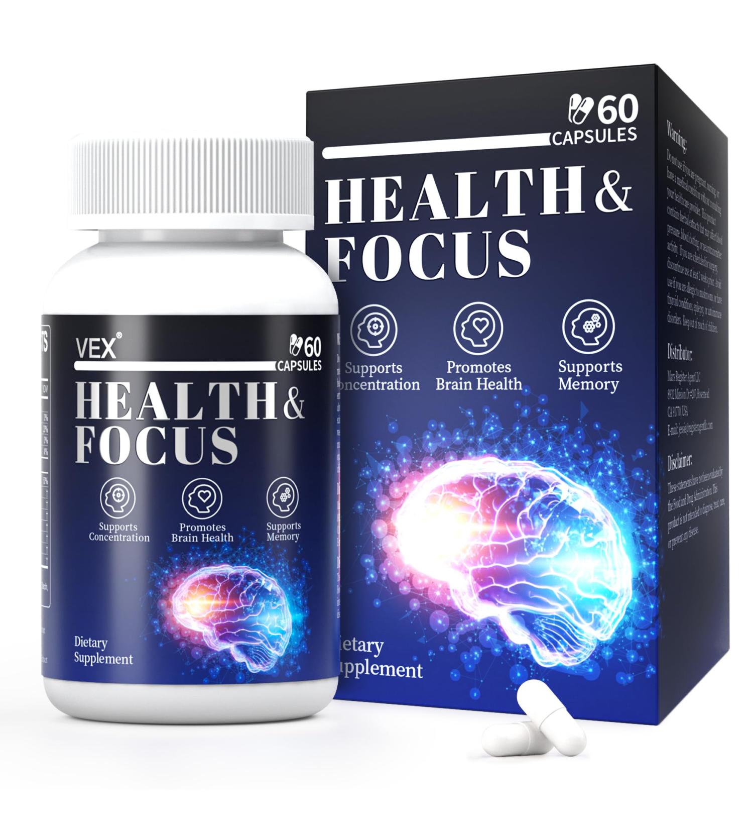 VEX Brain Supplements for Memory and Focus Contain Vitamin B12 folic Acid acetylcysteine Purslane Lion's Mane Mushroom and Ginkgo biloba extracts for Brain Health 60 Capsules - Buy Online on GoSupps.com