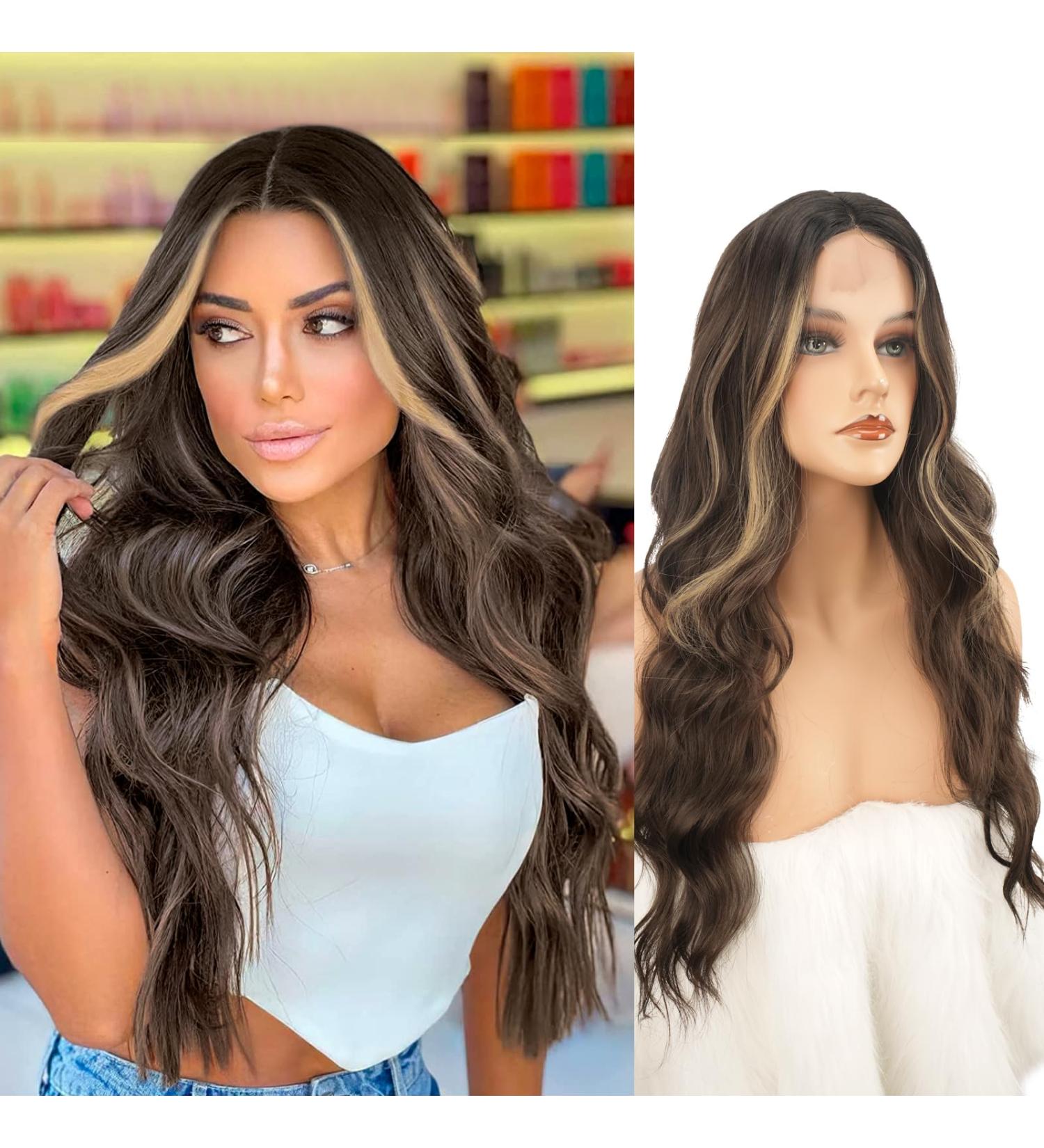 Fine Long Corrugated Brown Blonde Wig for Women | Medium Part Curly Wavy Synthetic Hair - 65 cm Perfect for Daily Wear & Parties - Buy Online on GoSupps.com