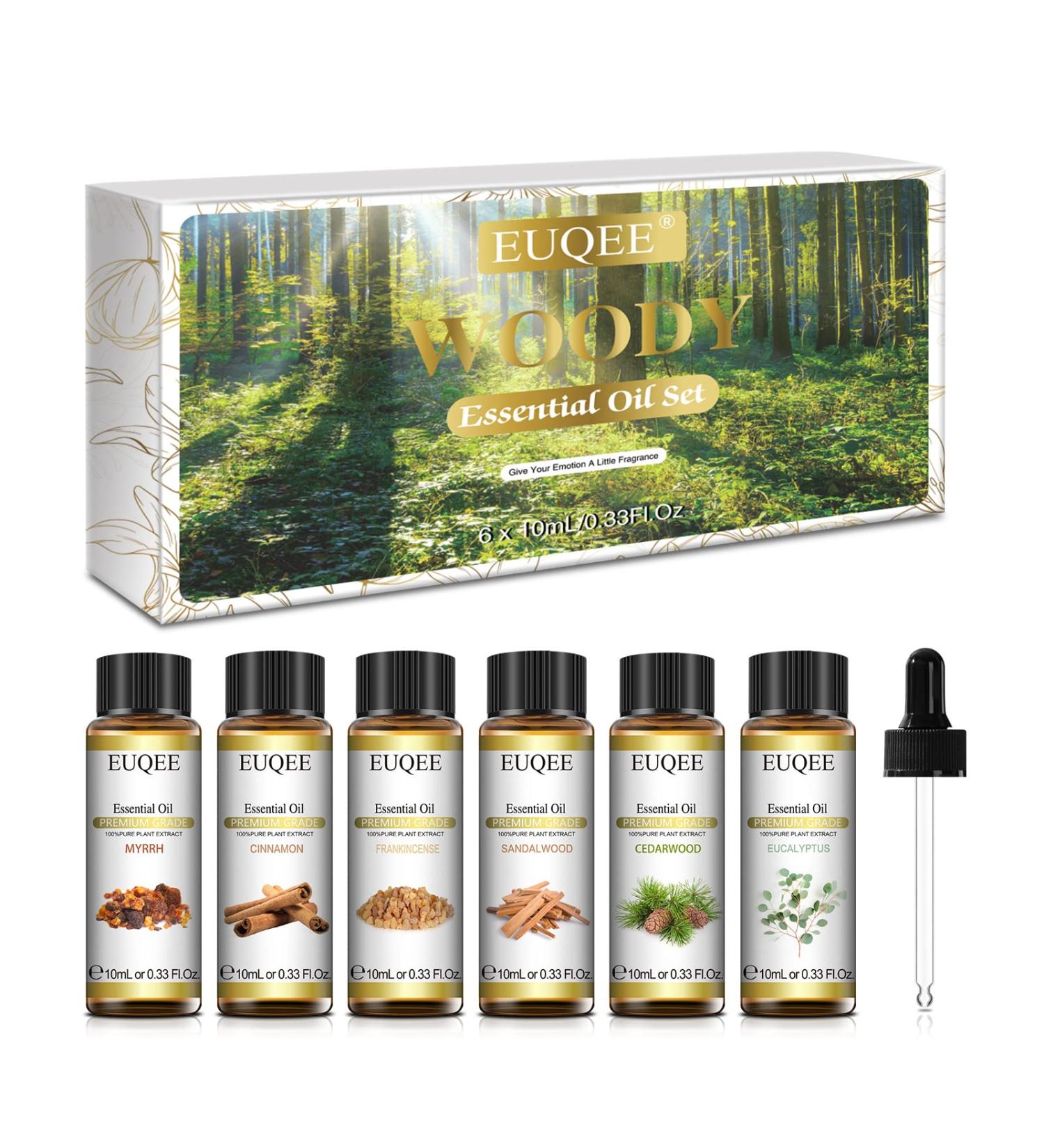 EUQEE Woody Aromatherapy Essential Oils Set - Eucalyptus, Cedarwood, Sandalwood, Frankincense, Cinnamon, Myrrh - 6 x 10ml White Bottles - Buy Online on GoSupps.com