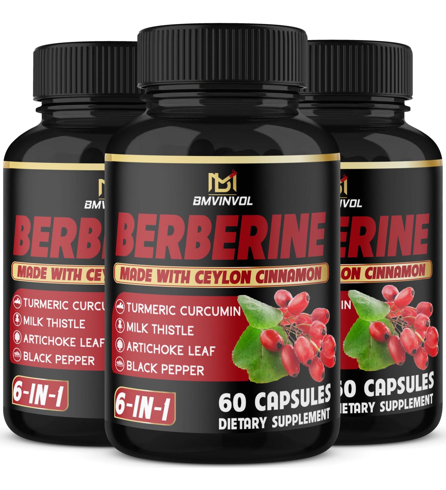 (3 Packs) Berberine Supplement Plus Ceylon Cinnamon Milk Thistle Turmeric Artichoke Leaf Black Peppe - 6 Month Supply - 180 Capsules Total - Buy Online on GoSupps.com