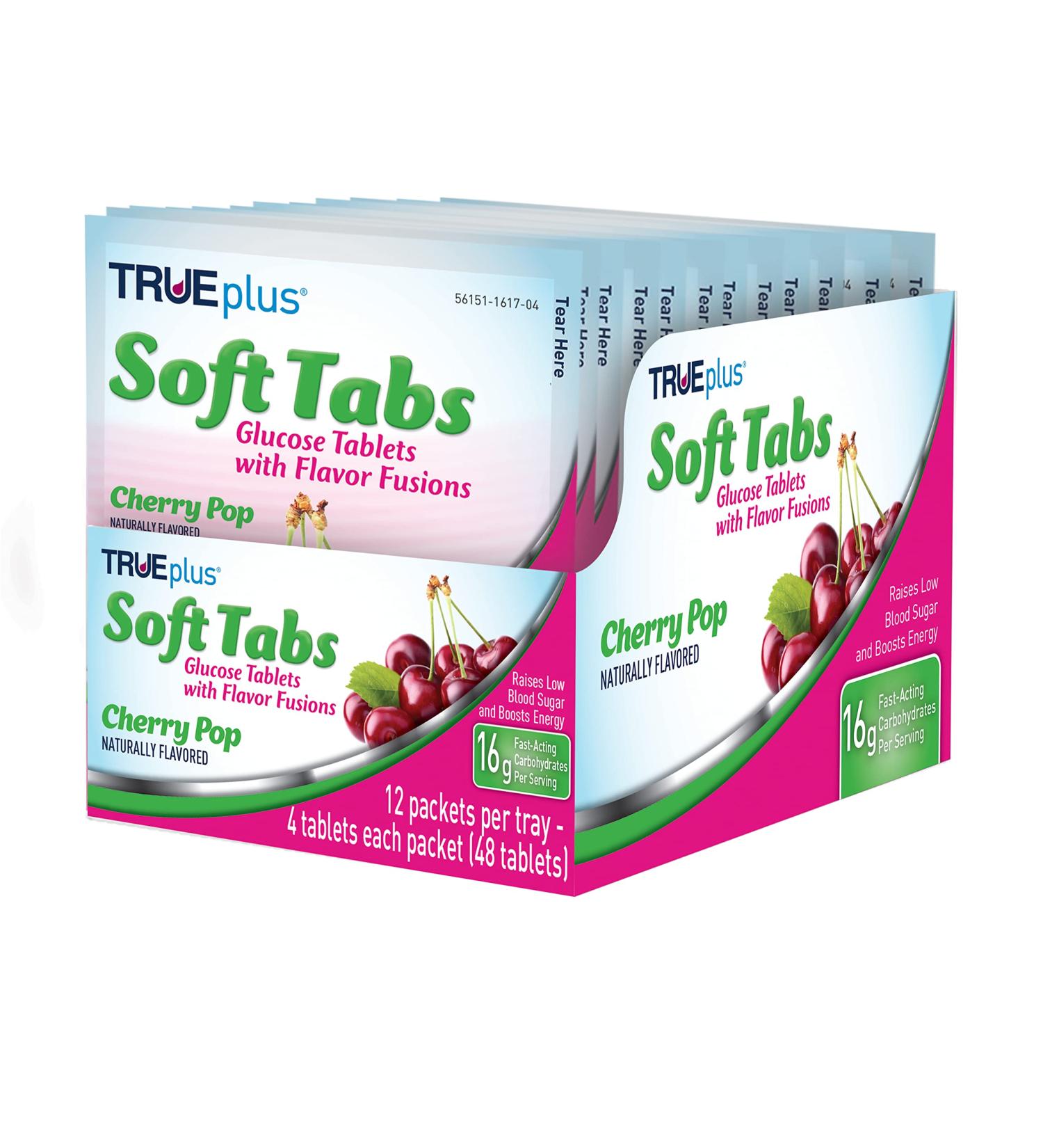 TRUEplus Soft Tabs Glucose Tablets - 48 Tabs, Cherry Pop Flavor - 12 Packs | Fast-acting Glucose for Diabetics - Buy Online on GoSupps.com