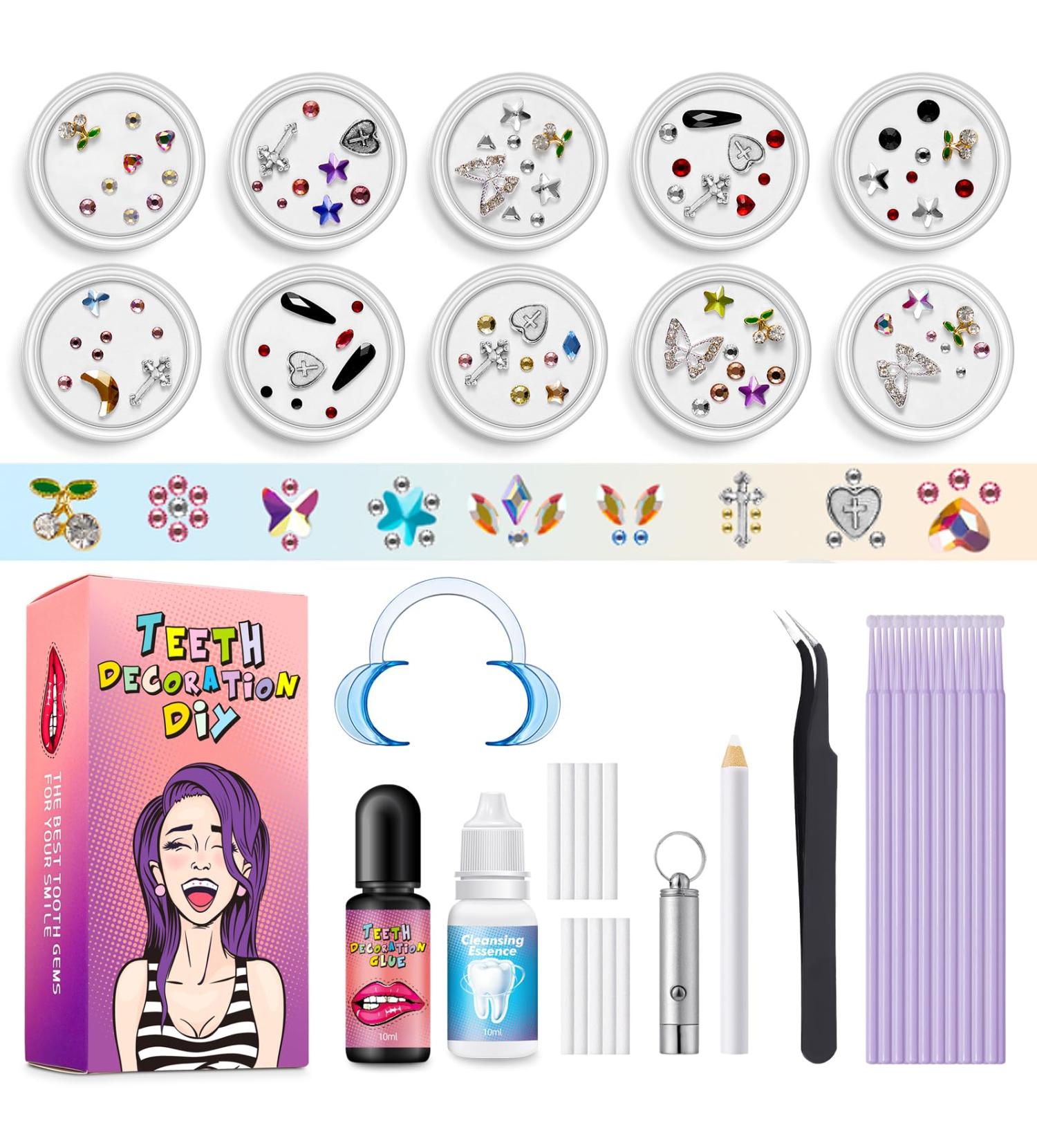 YOYOWY Tooth Gem Kit | DIY Teeth Jewelry with Glue & Light | Crystal Tooth Gems for a Sweet Smile | 10-Box Fashionable Shining Gems - Buy Online on GoSupps.com