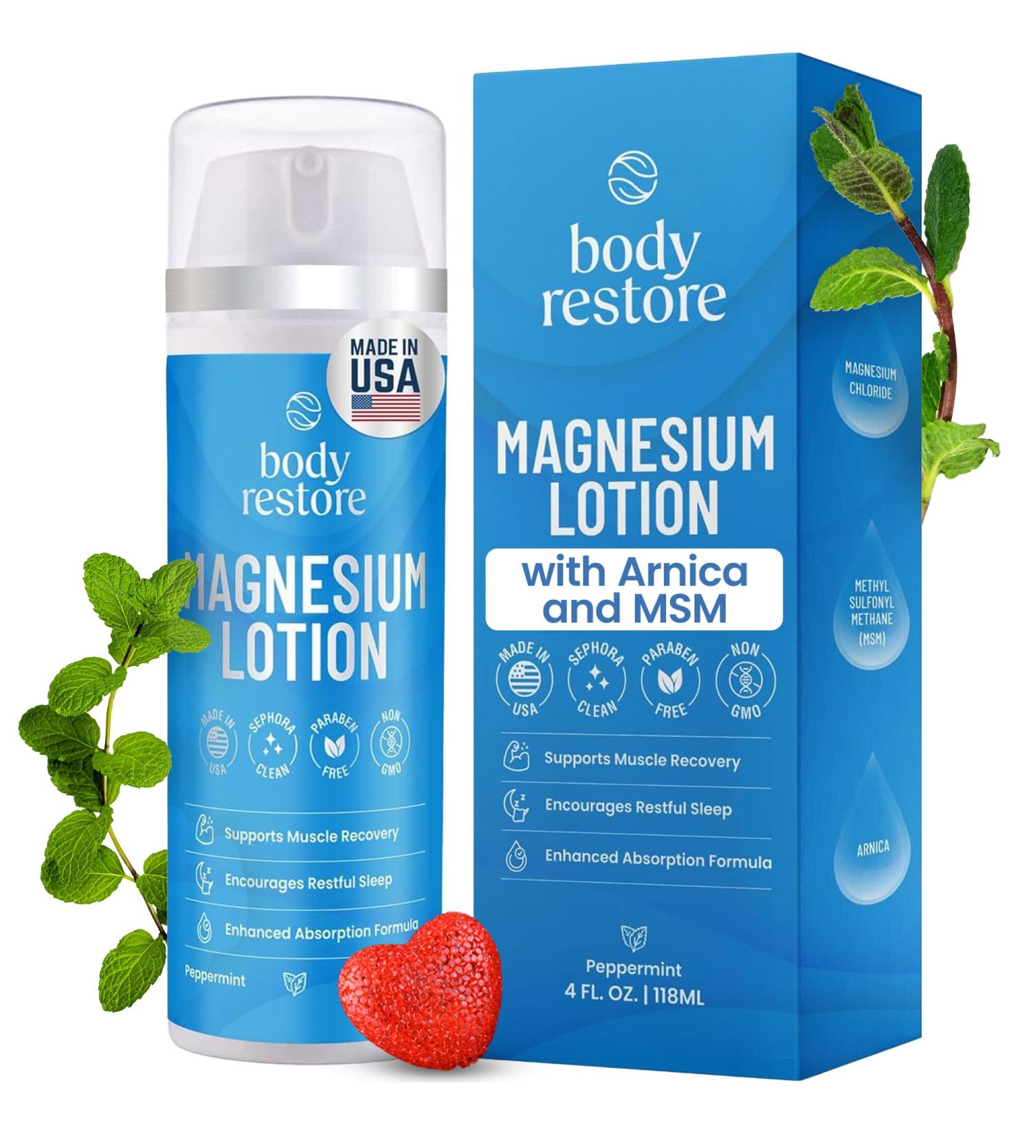 Body Restore Magnesium Lotion with Arnica & MSM Valentines Day Gifts for Her and Him, Sleep Support, Muscle & Joint Relief, Birthday Gifts for Women and Men, Travel Essentials Peppermint - Buy Online on GoSupps.com