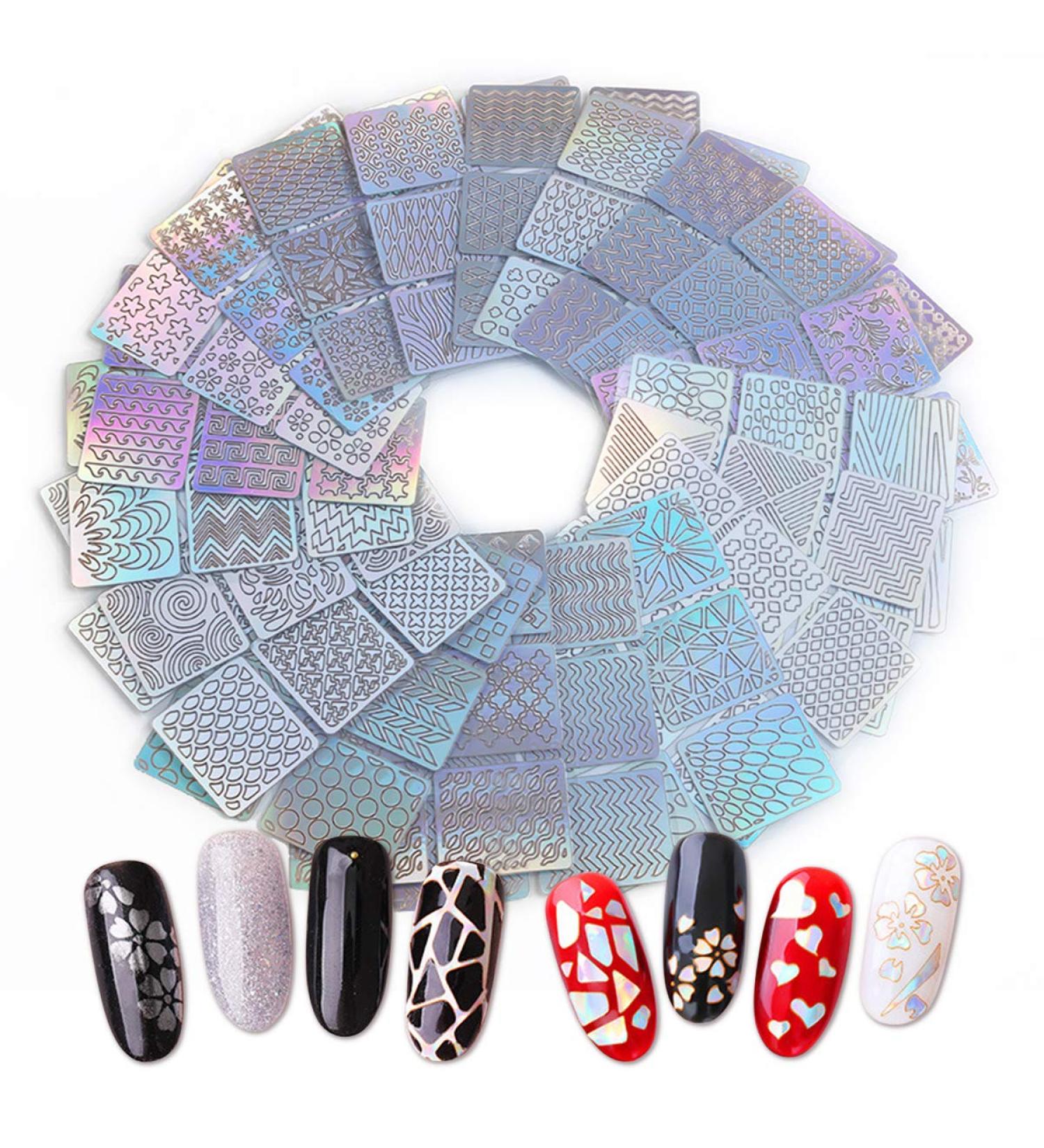 144 Pieces Holographic Nail Vinyl Stencils Sticker Set - 72 Designs, 24 Sheets - Reusable Nail Art Decals for French Tip and Fringe Guides - Buy Online on GoSupps.com