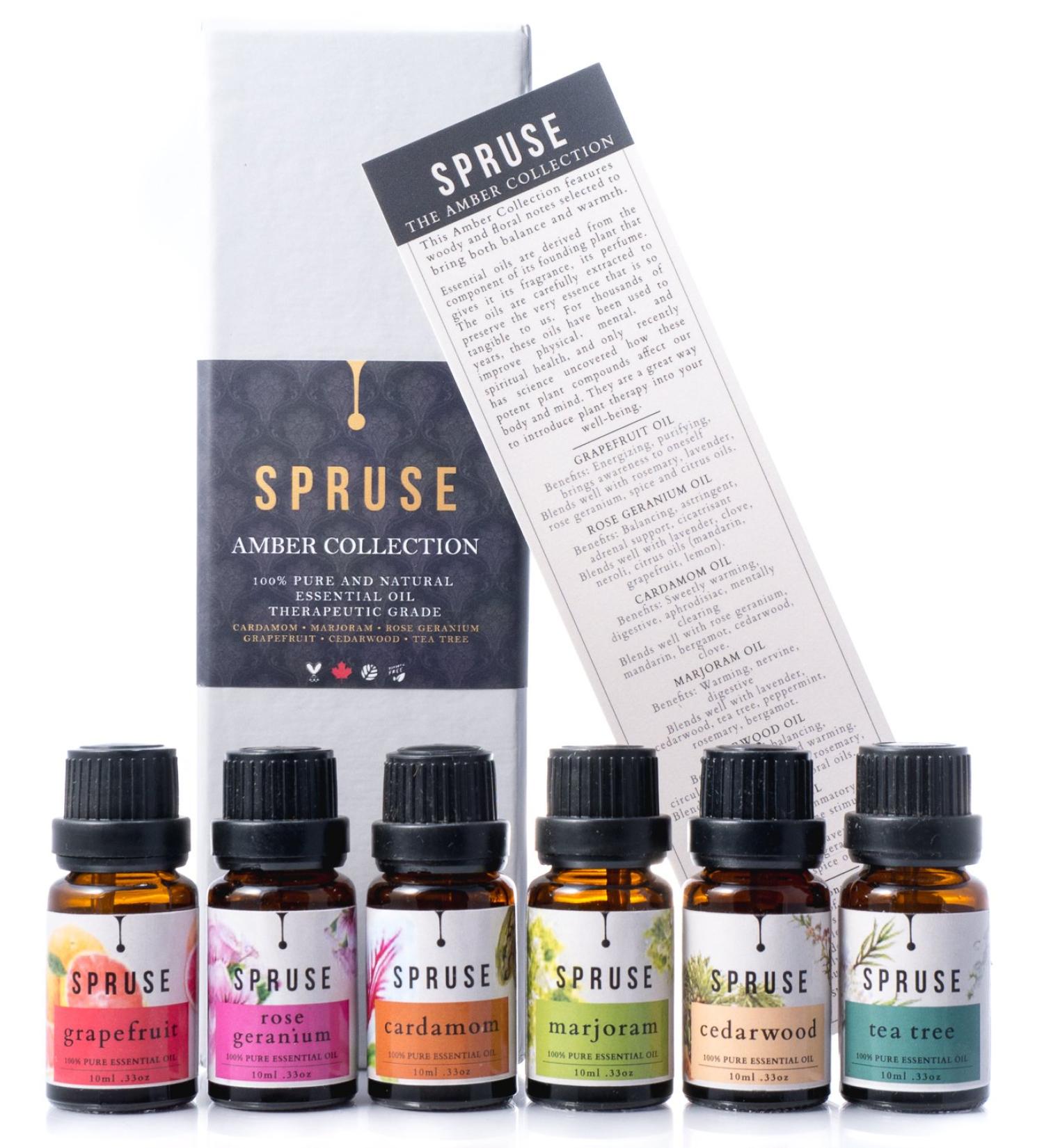 SPRUSE Canadian Amber Collection 100% Natural Essential Oils Set of 6 - Cardamom Marjoram Rose Geranium Grapefruit Cederwood & Tea Tree - Buy Online on GoSupps.com