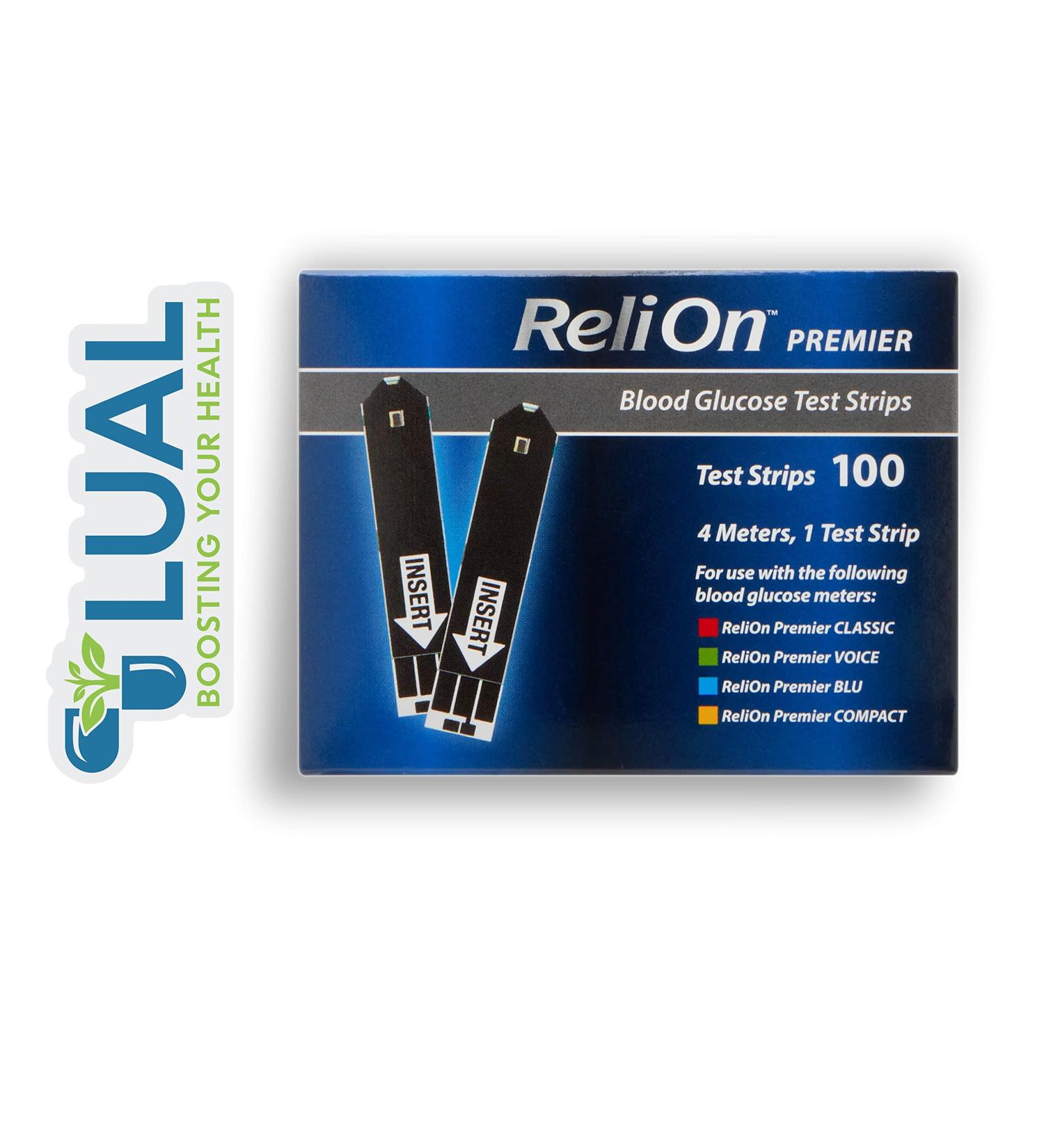 ReliOn Premier Test Strips for Accurate Blood Sugar Monitoring | 100 Strips + Luall Sticker - Buy Online on GoSupps.com