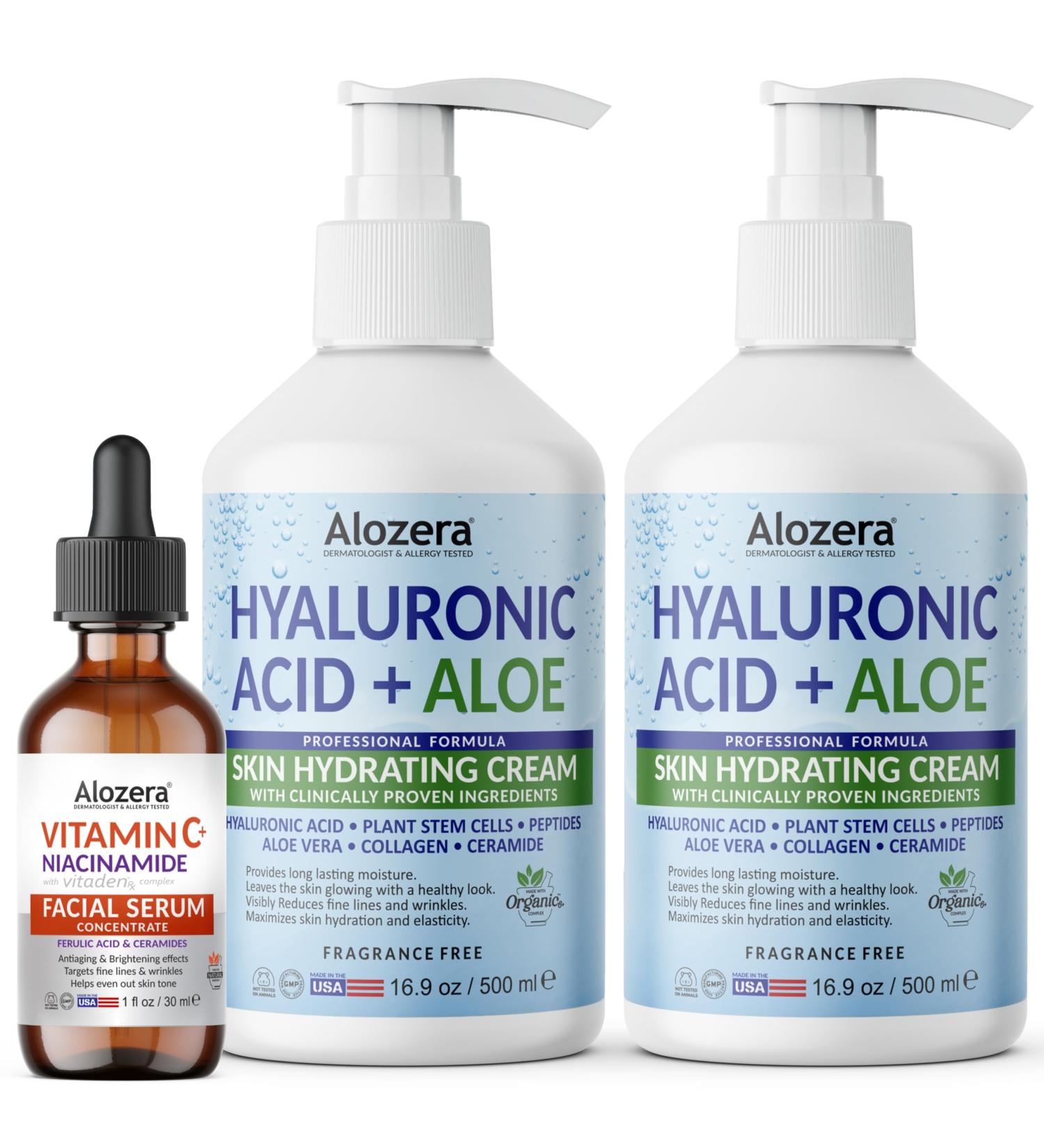 Alozera Hyaluronic Acid Body Lotion (2-Pack) and Vitamin C Serum with Niacinamide and Ferulic Acid Hydrating and Revitalizing Skincare Duo for Face, Neck and Body, Lightweight, Fragrance-Free, Made - Buy Online on GoSupps.com