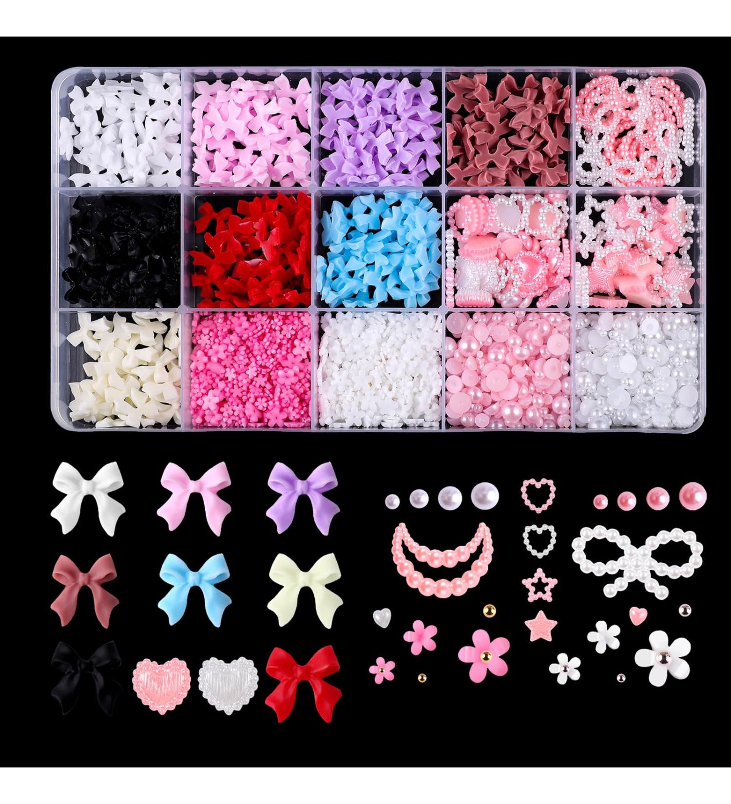 1000 PC 3D Nail Decorations Set - Pink & White Heart Charms Loop Nodes & Strass Stones for DIY Manicure & Jewelry - Buy Online on GoSupps.com