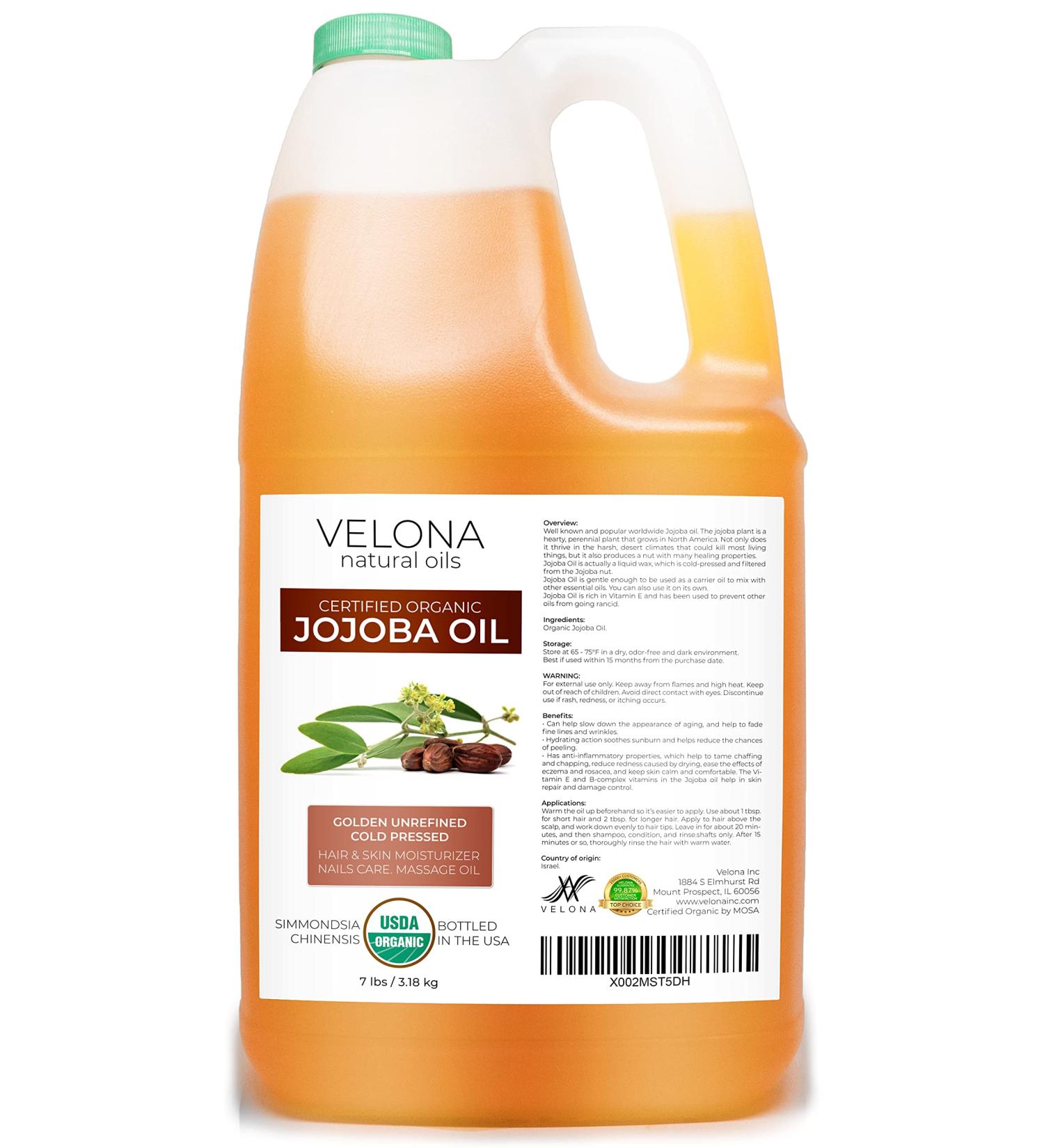 velona Jojoba Oil USDA Certified Organic - 112 oz | 100% Pure and Natural Carrier Oil| Golden  Unrefined  Cold Pressed  Hexane Free | Moisturizing Face  Hair  Body  Skin Care  Stretch Marks  Cuticles Organic Jojoba Oil 7...