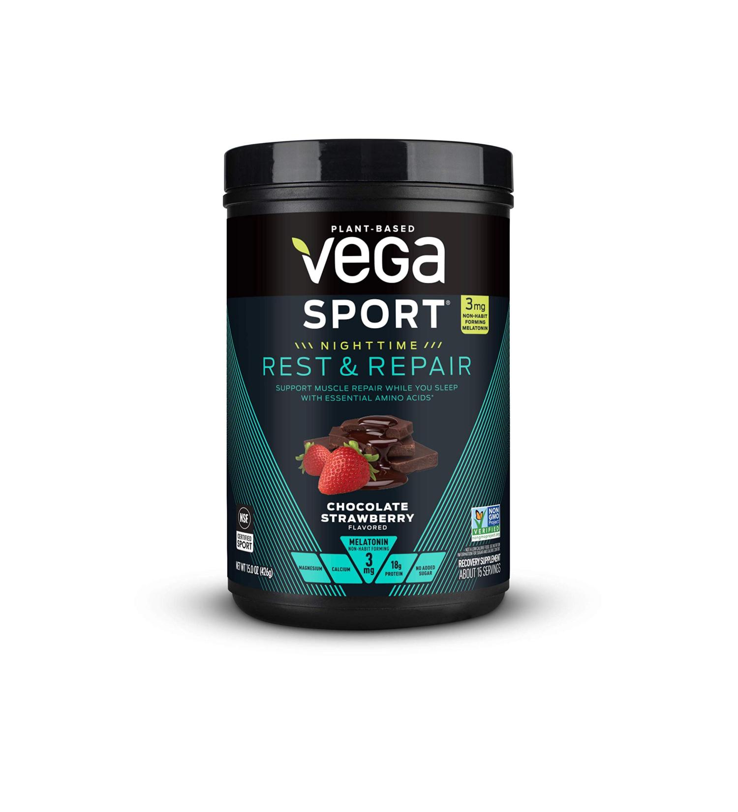 Vega Chocolate Strawberry Rest & Repair Powder 15 OZ - Plant-based Recovery Formula - Buy Online on GoSupps.com