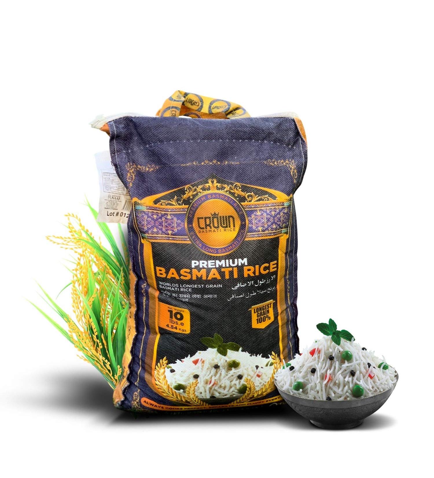 Crown Premium White Basmati Rice - Extra Long Grain 2 Years Aged 10 lbs - 100% Authentic Himalayan Basmati - Buy Online on GoSupps.com