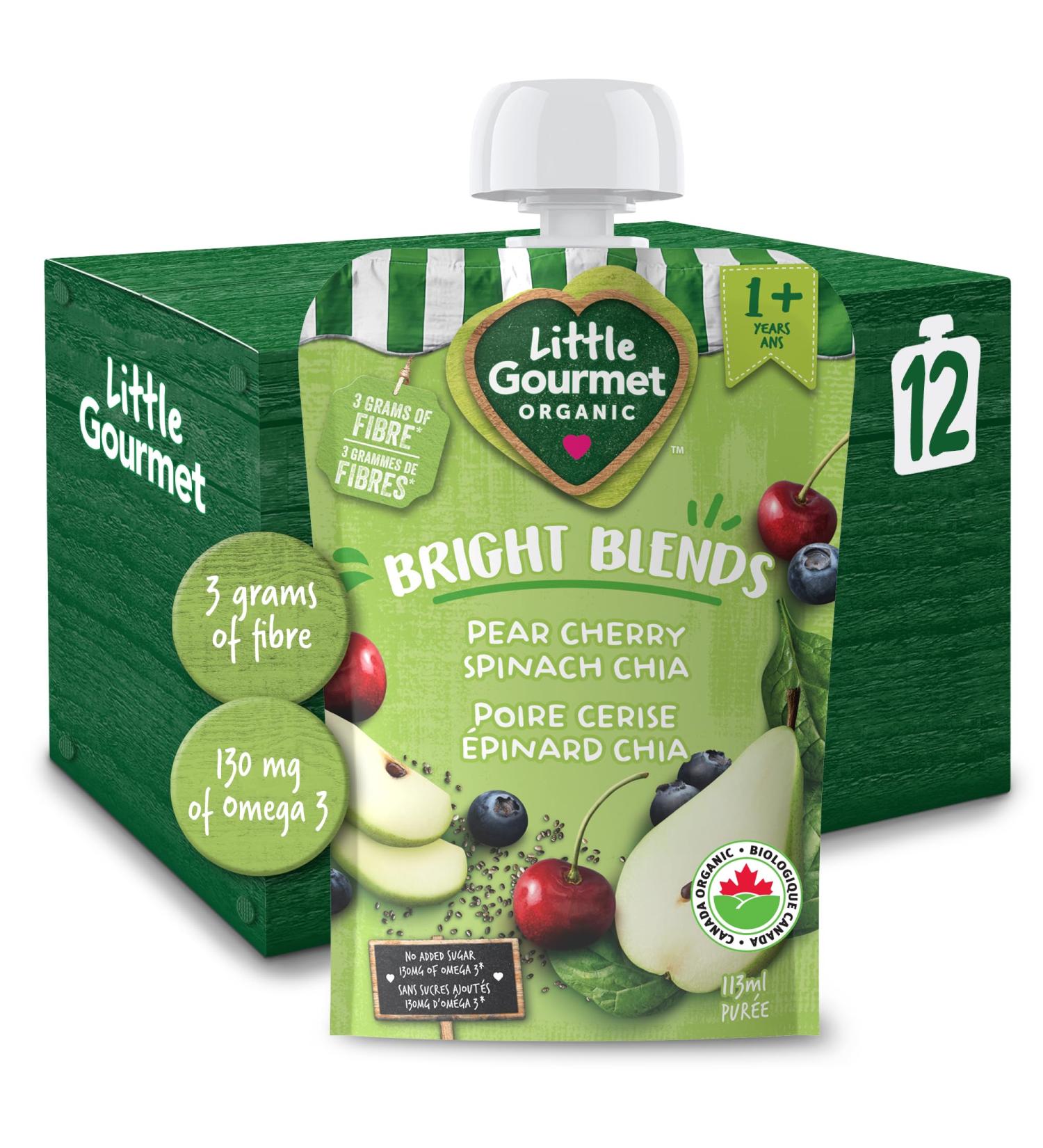 Baby Gourmet Little Gourmet Organic Bright Blends Baby Food Pouches - Pear Cherry Spinach Chia - No Added Sugar or Salt Non GMO No Fillers - (113ml) 12-Pouches Marron Pear Cherry Spinach Chia 113ml - 12 Pouches - Buy Online on GoSupps.com