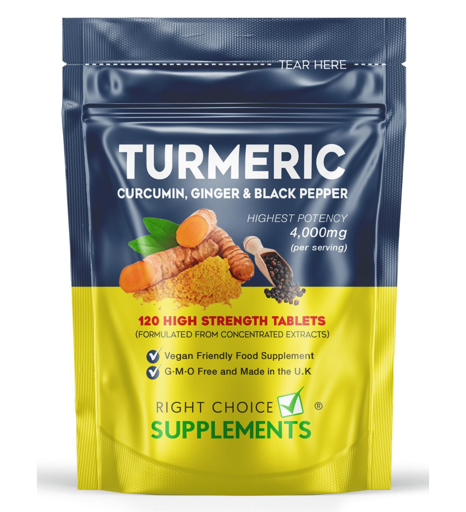 Turmeric Ginger & Black Pepper 4000 mg Tablets (per Serving) High Strength Curcumin Supplements Vegan and Gluten Free UK Made 120 Count - Buy Online on GoSupps.com