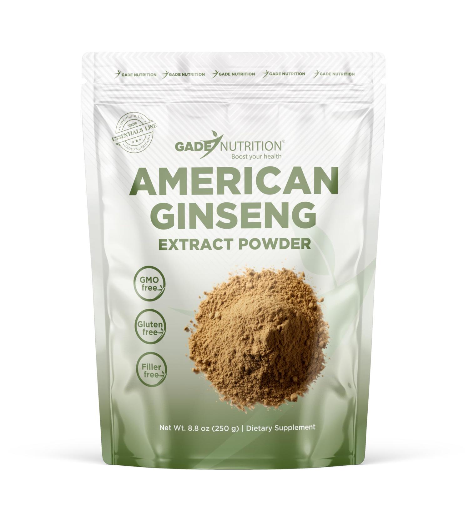 Gade Nutrition American Ginseng Extract Powder | Panax quinquefolius Leaf Non-GMO, Gluten-Free, Dairy Free | 250g (8.8 oz), 1000mg per Serving, 250 Servings | Mental and Physical Endurance | USA Made - Buy Online on GoSupps.com