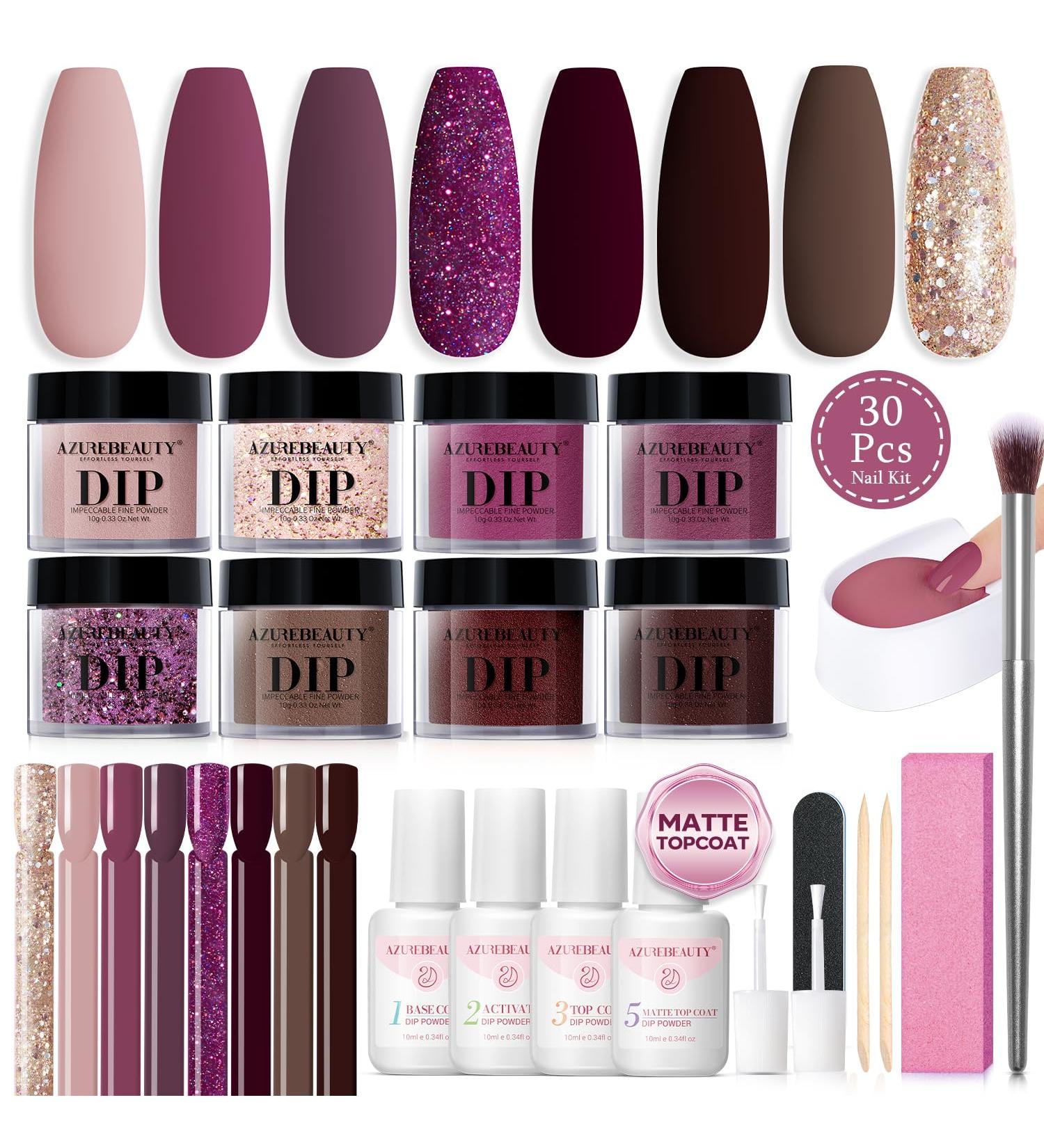 AZUREBEAUTY Dip Powder Nail Kit - 8 Colors Glitter Purple Nude Brown - Complete Dipping Powder Set for Salon & DIY Nail Art - Matte Top Coat & Swatch Sticks Included - Buy Online on GoSupps.com