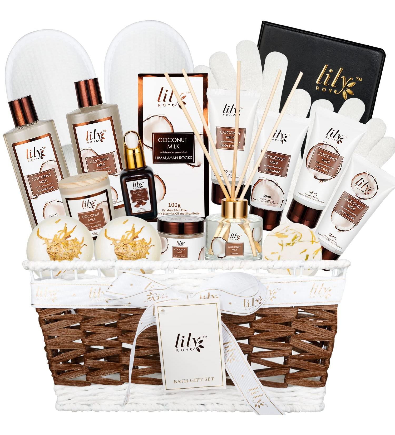 Coconut Milk Spa Gift Basket for Women - 18pc Bath Set with Bombs, Bubble Bath, Shower Gel, Scrub & More - Buy Online on GoSupps.com