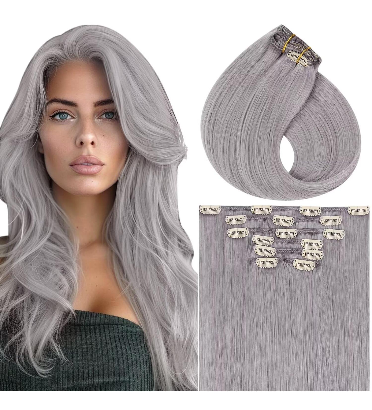Vivien Silver Clip-In Extensions | Real Hair 55cm 135g - Smooth Gray Extensions for Volume | 22 Inch Clip-In Hair Perfect for All Styles - Buy Online on GoSupps.com