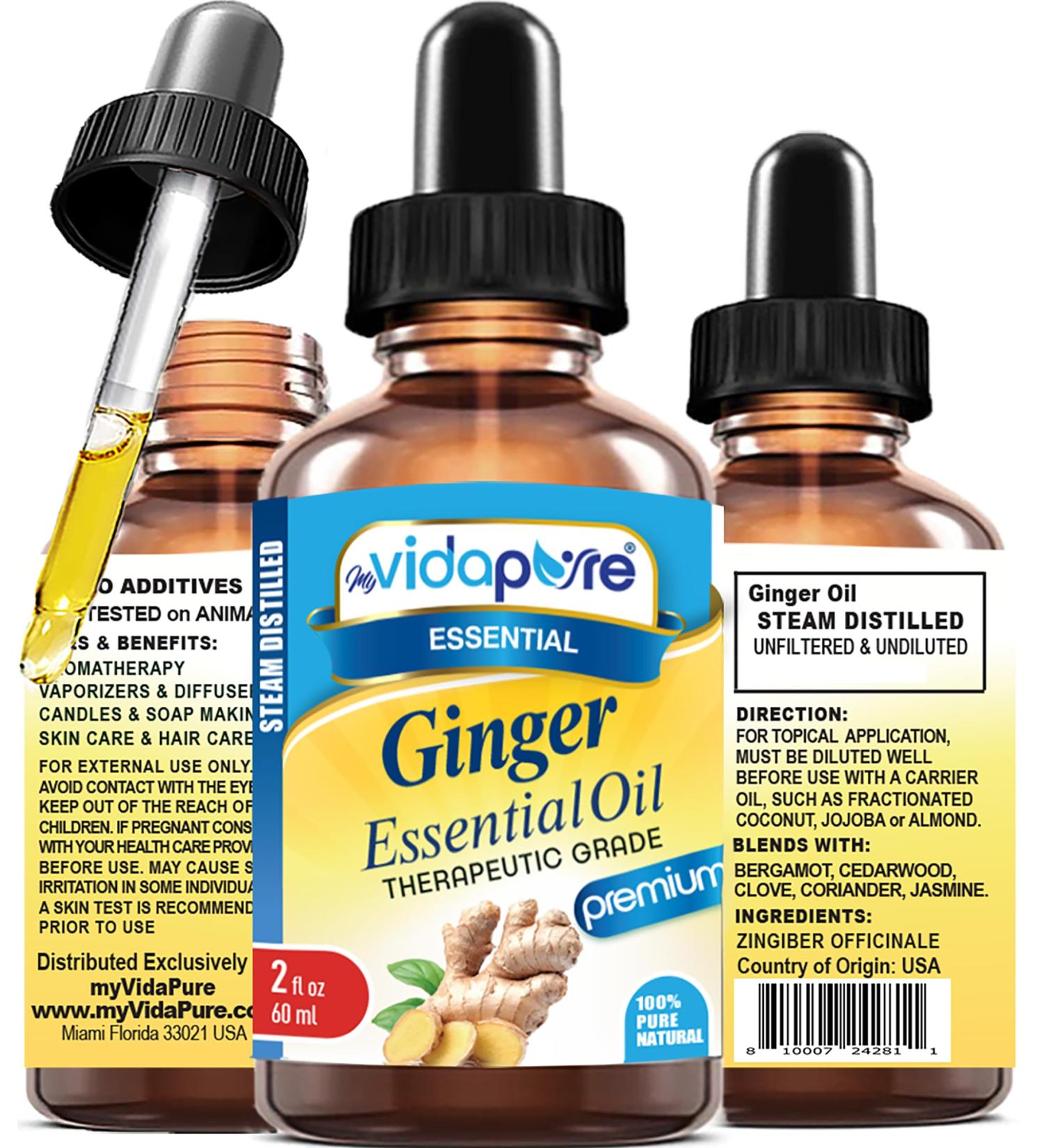 myVidaPure Ginger Essential Oil 100% Pure Natural Undiluted 2 fl oz- 60 ml for Beauty Skin Hair Aromatherapy Soaps Candles Reed Diffusers Perfume