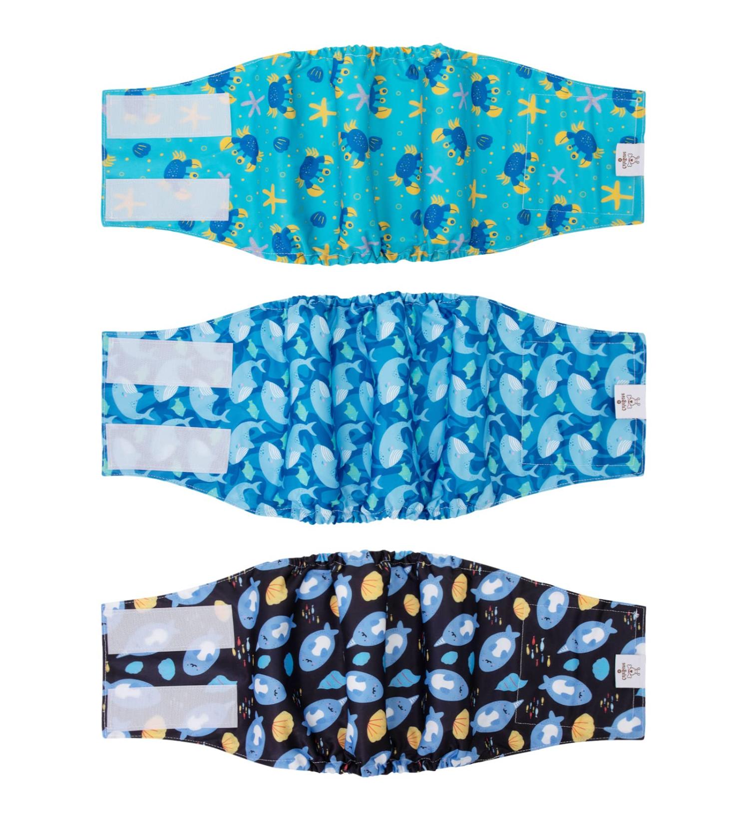 Cutebone Male Washable Dog Diapers - 3 Pack Reusable Belly Bands with Velcro for High-Suction Fit | Crabs Dolphins & Sea Lions | Size L (43-53.5cm) - Buy Online on GoSupps.com