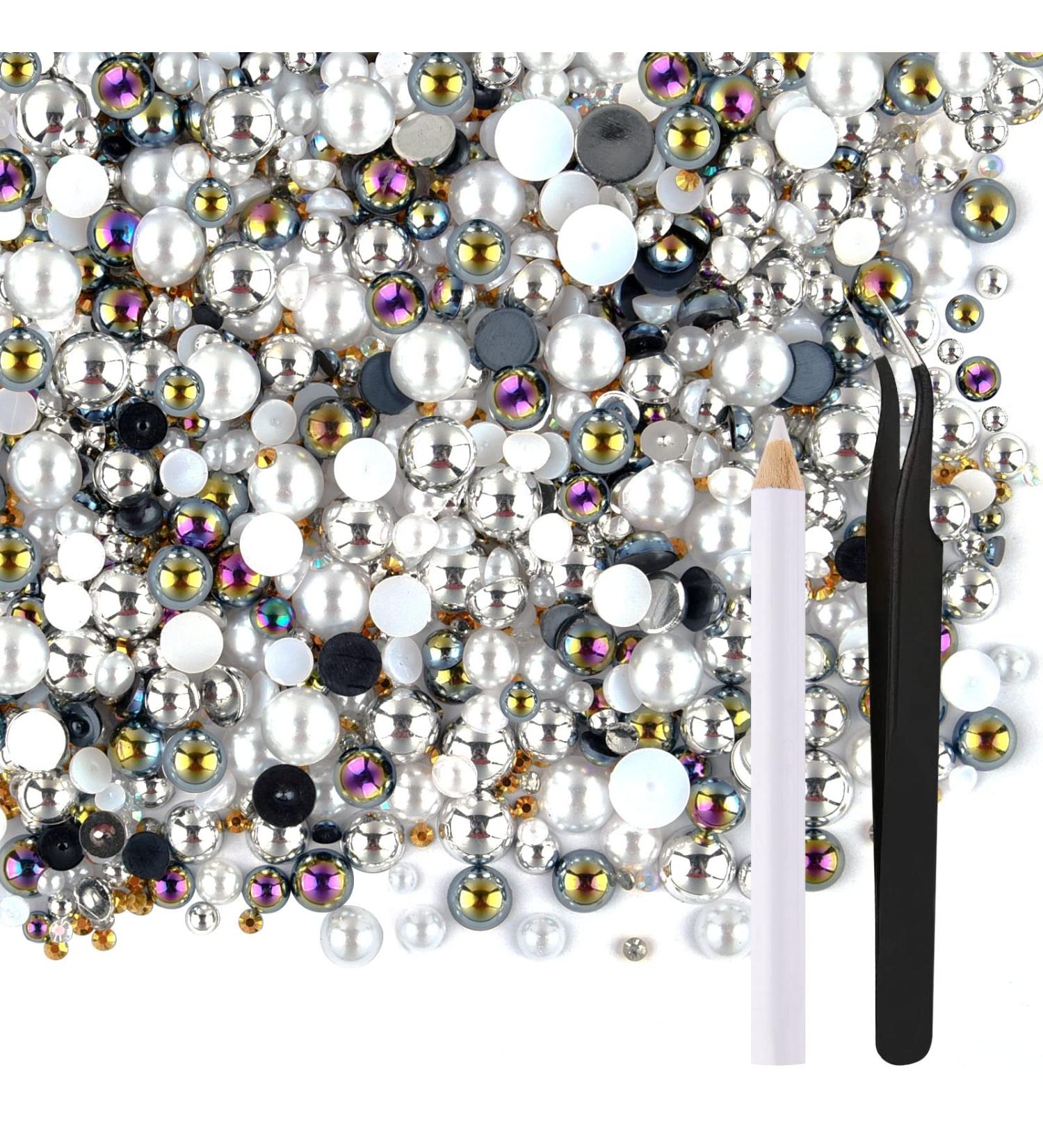 Astaron 50g Mix Half Pearls & Glittering Stones - 3mm-10mm Flatback Pearls & Rhinestones for DIY Crafts Face Nails and Art - Black & White Series - Buy Online on GoSupps.com