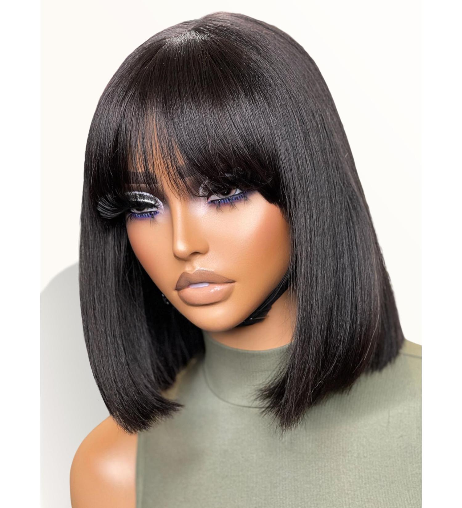 LUVME HAIR 10 Inch Light Yaki Bob Wig with Bangs | Realistic HD Lace Black Bob Wigs | Glueless 180 Density Blunt Cut Human Hair - Buy Online on GoSupps.com