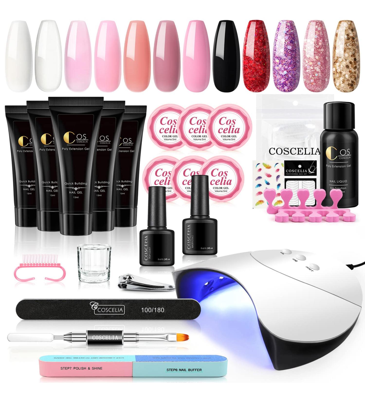 Coscelia Poly Nail Gel Kit with UV Light - 6pcs Poly Extension Gel, U V Gel Glitter Builder Nail Gel, Slip Solution, Quick Building, Strengthening Nail Enhancement Starter Kit - Color A5 - Buy Online on GoSupps.com