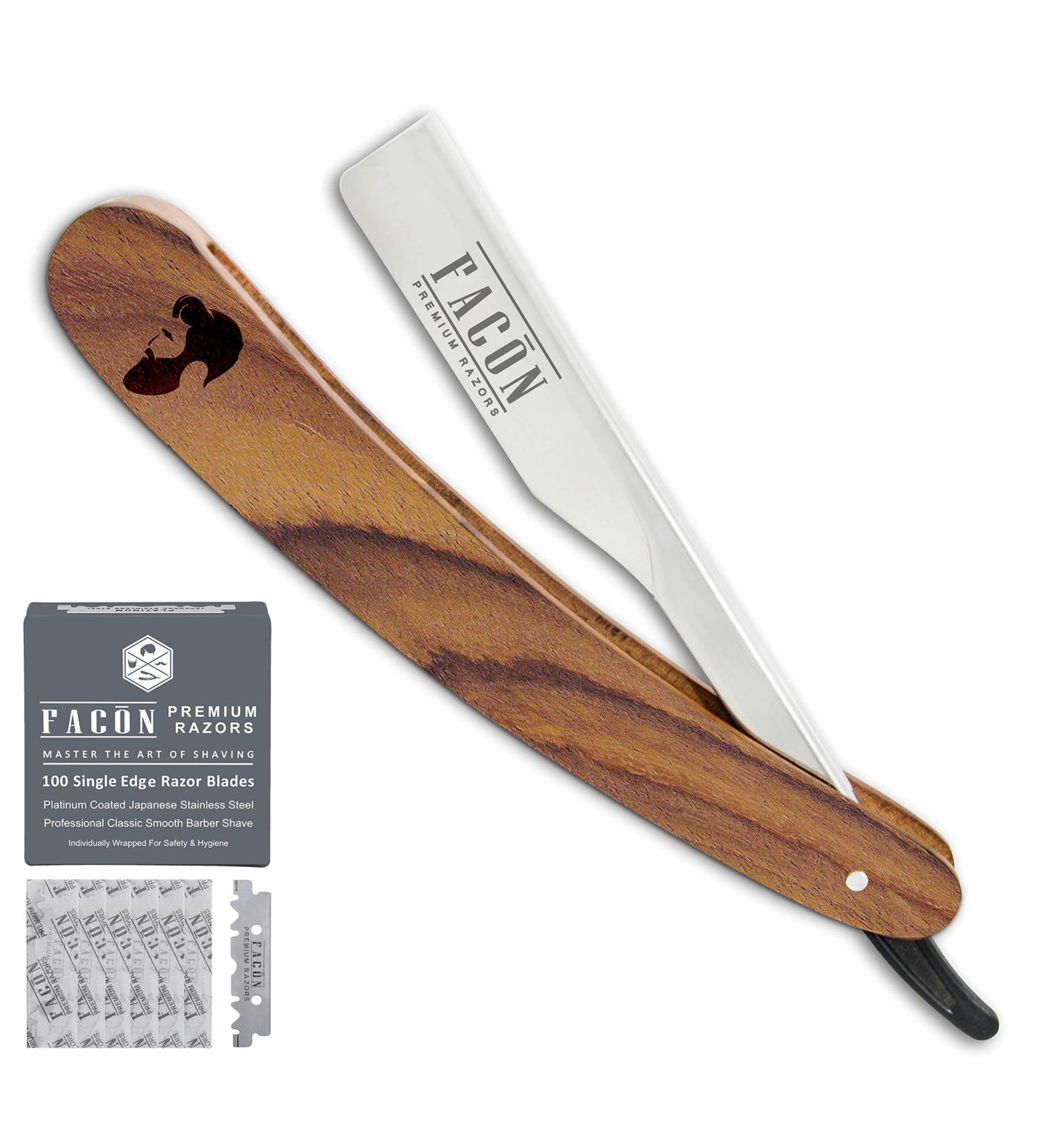 Facn Professional Wooden Straight Edge Barber Razor - 100 Blades included, Salon Quality Cut Throat Shavette - Buy Online on GoSupps.com