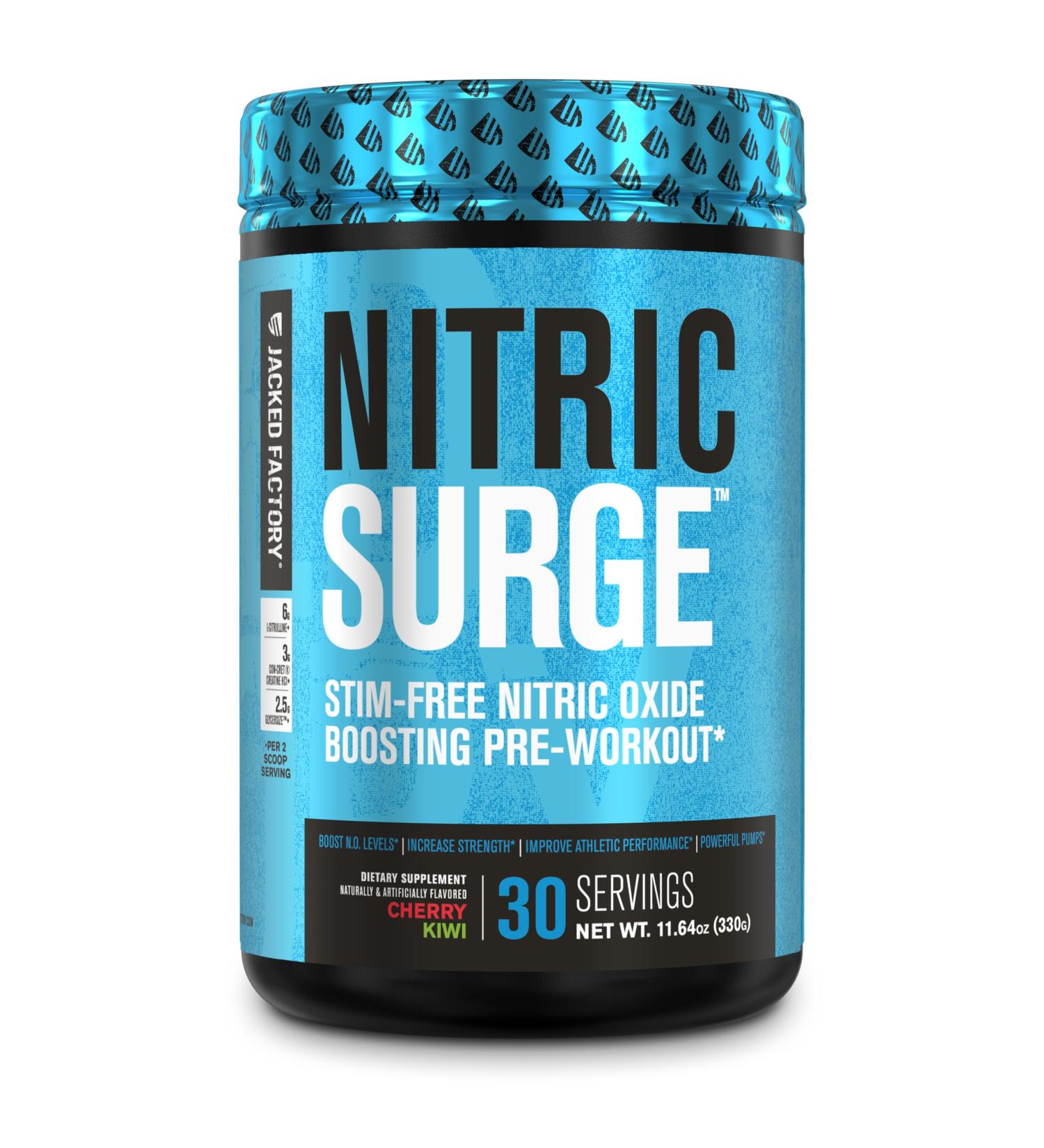 Nitric Surge Stim Free Pre Workout Powder | Caffeine Free Nitric Oxide Supplement w/Creatine L Citrulline & GlycerSize for Pumps | Cherry Kiwi Flavor - 30 Servings - Buy Online on GoSupps.com