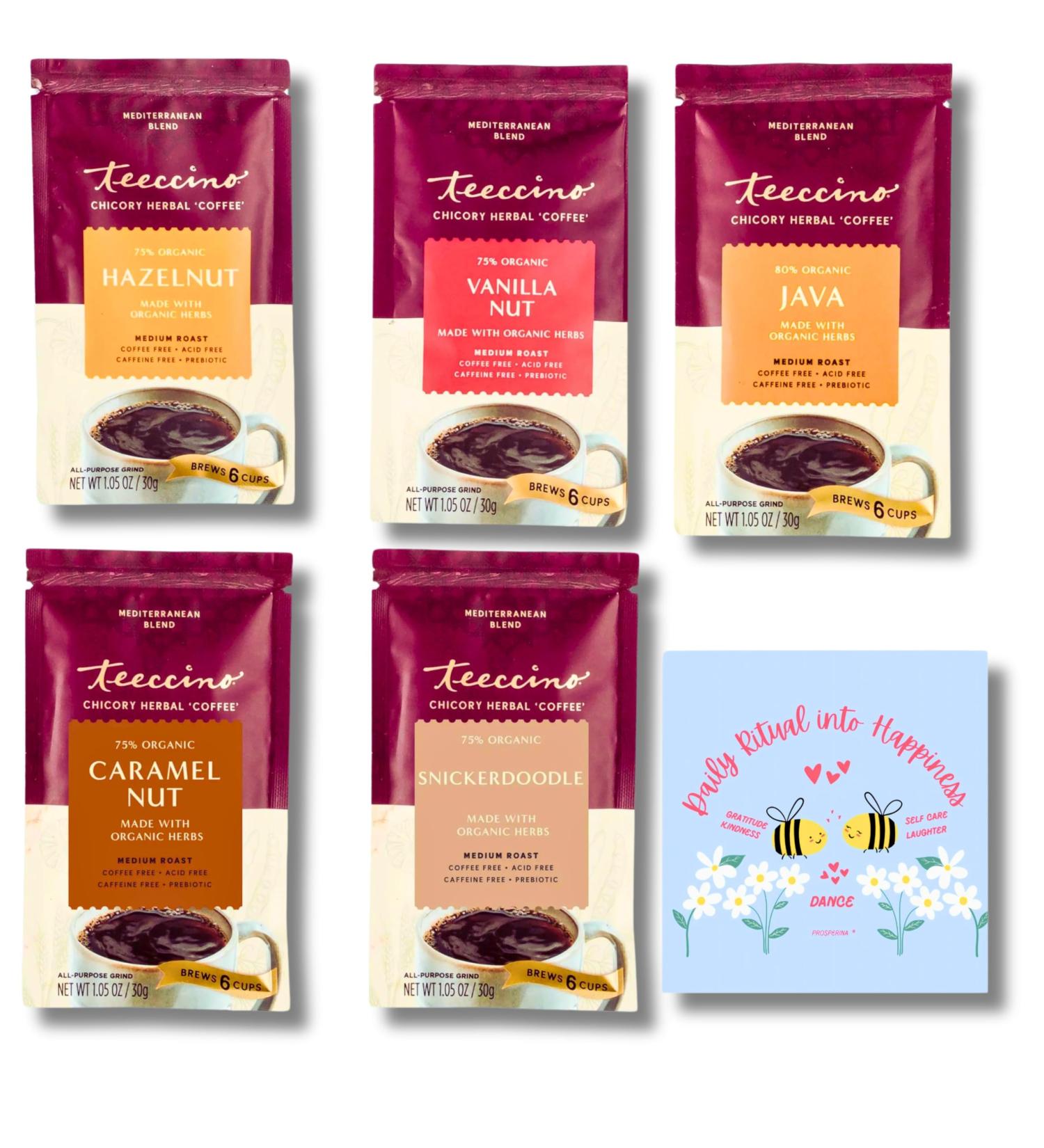 Teeccino Herbal Coffee Sampler Bundle (5-Pack 30g Each) - Coffee Alternatives in Hazelnut Vanilla Nut Java Caramel Nut & Snickerdoodle - Prebiotic Caffeine-Free Acid-Free & Prosperina Card - Buy Online on GoSupps.com