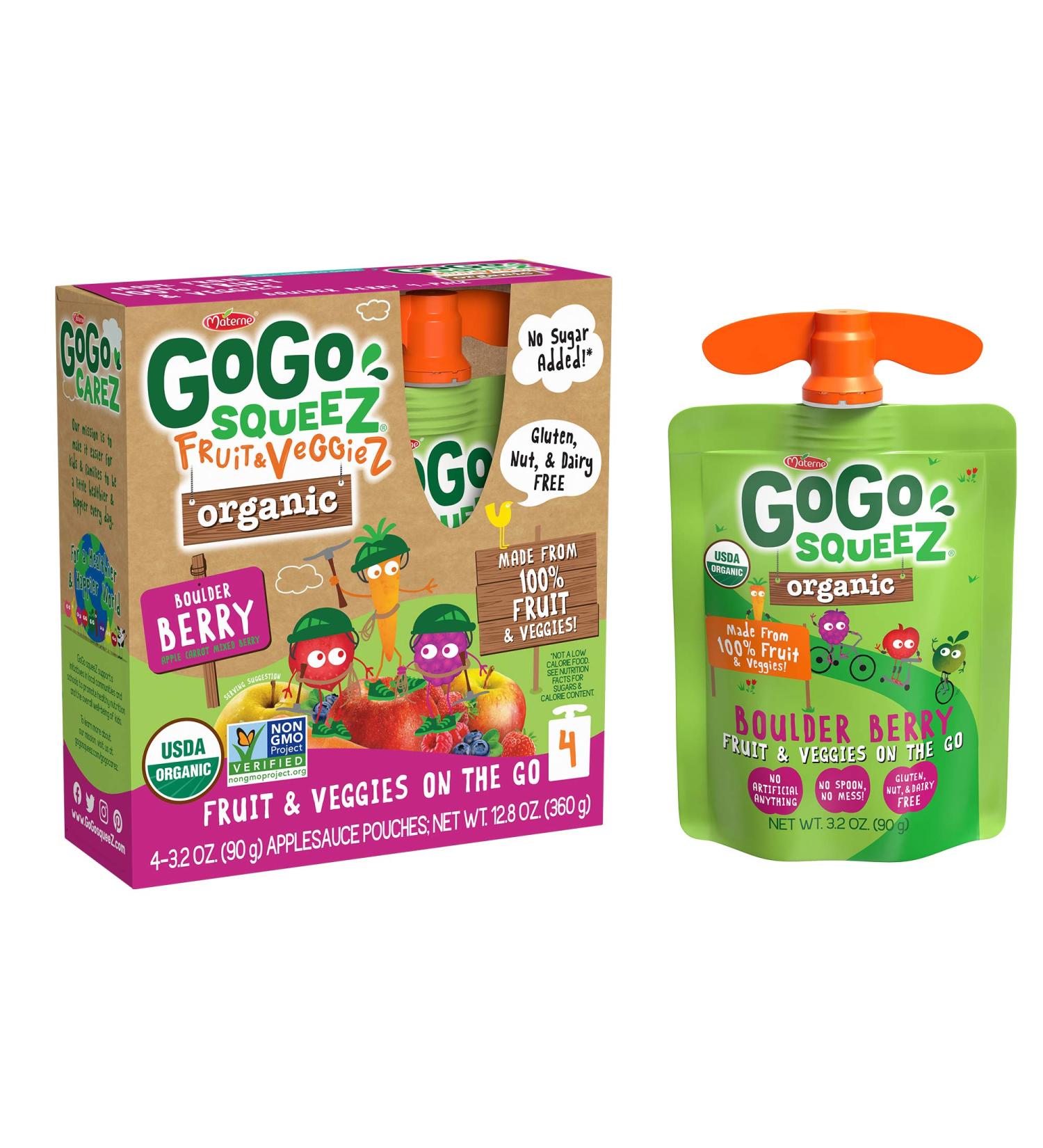 GoGo squeeZ Organic Apple Mixed Berry Carrot Pouches - Gluten Free, Vegan, Unsweetened (4 x 3.2 oz) - Buy Online on GoSupps.com
