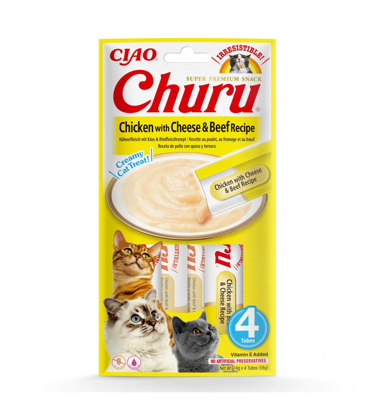 Inaba Churu Cat Snacks - Hand Feed Puree Sticks with Chicken & Cheese Beef - 4 Sticks x 14g - International Shipping Available - Buy Online on GoSupps.com