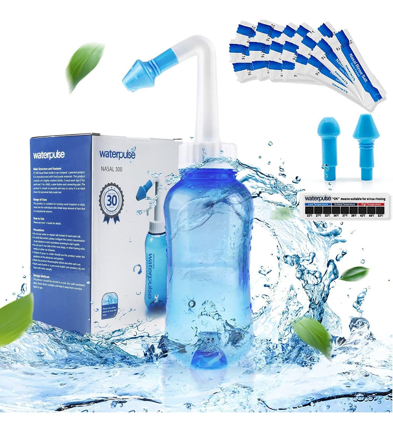 Neti Pot Sinus Rinse Bottle with Sticker Thermometer | BPA Free | 300ml | 30 Nasal Wash Salt Packets | Allergy Relief for Adults & Kids - Buy Online on GoSupps.com