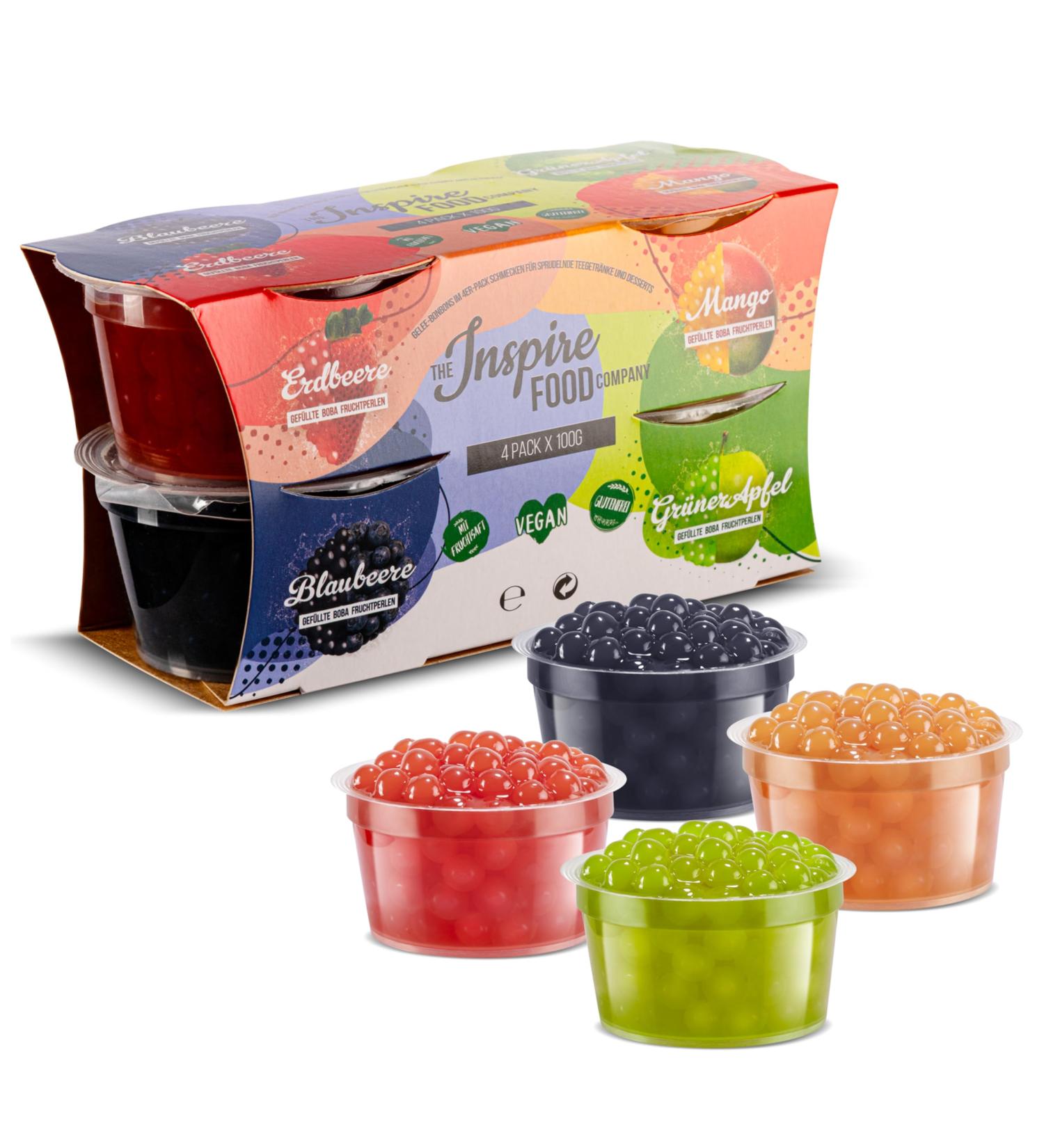 Buy Inspire Food Bubble Tea Pearl Set - 4-Pack Popping Boba | 100% Vegan & Gluten-Free | Strawberry Mango Green Apple Blueberry | 400g Tapioca Pearls - Buy Online on GoSupps.com