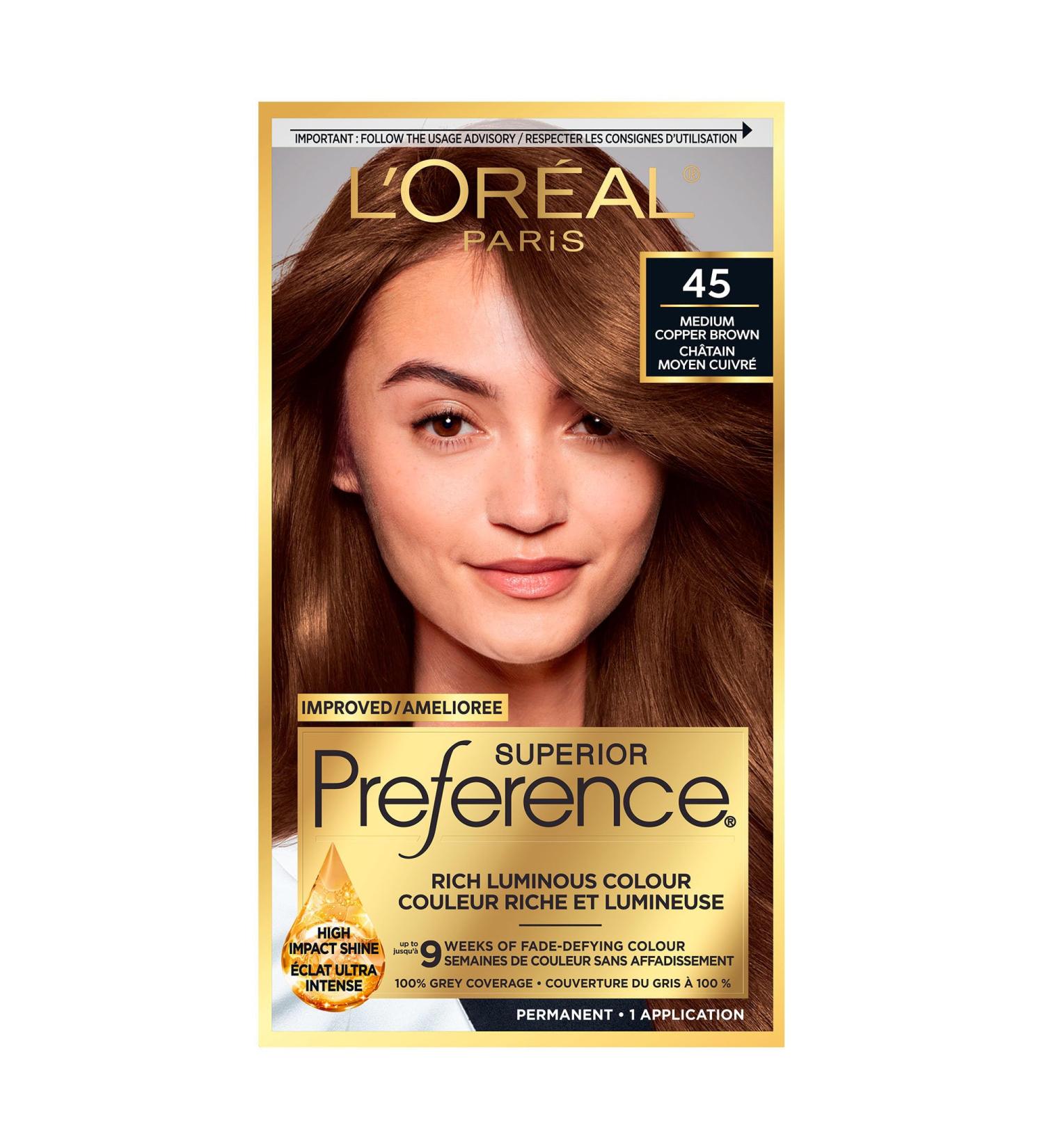 L'Oreal Paris Superior Preference 9 weeks of Luminous Fade-Defying Permanent Hair Dye 45 Medium Copper Brown 100% Grey Coverage 1 Hair Dye Kit (Packaging May Vary) 1 count (Pack of 1) Medium Copper Brown - Buy Online on GoSupps.com