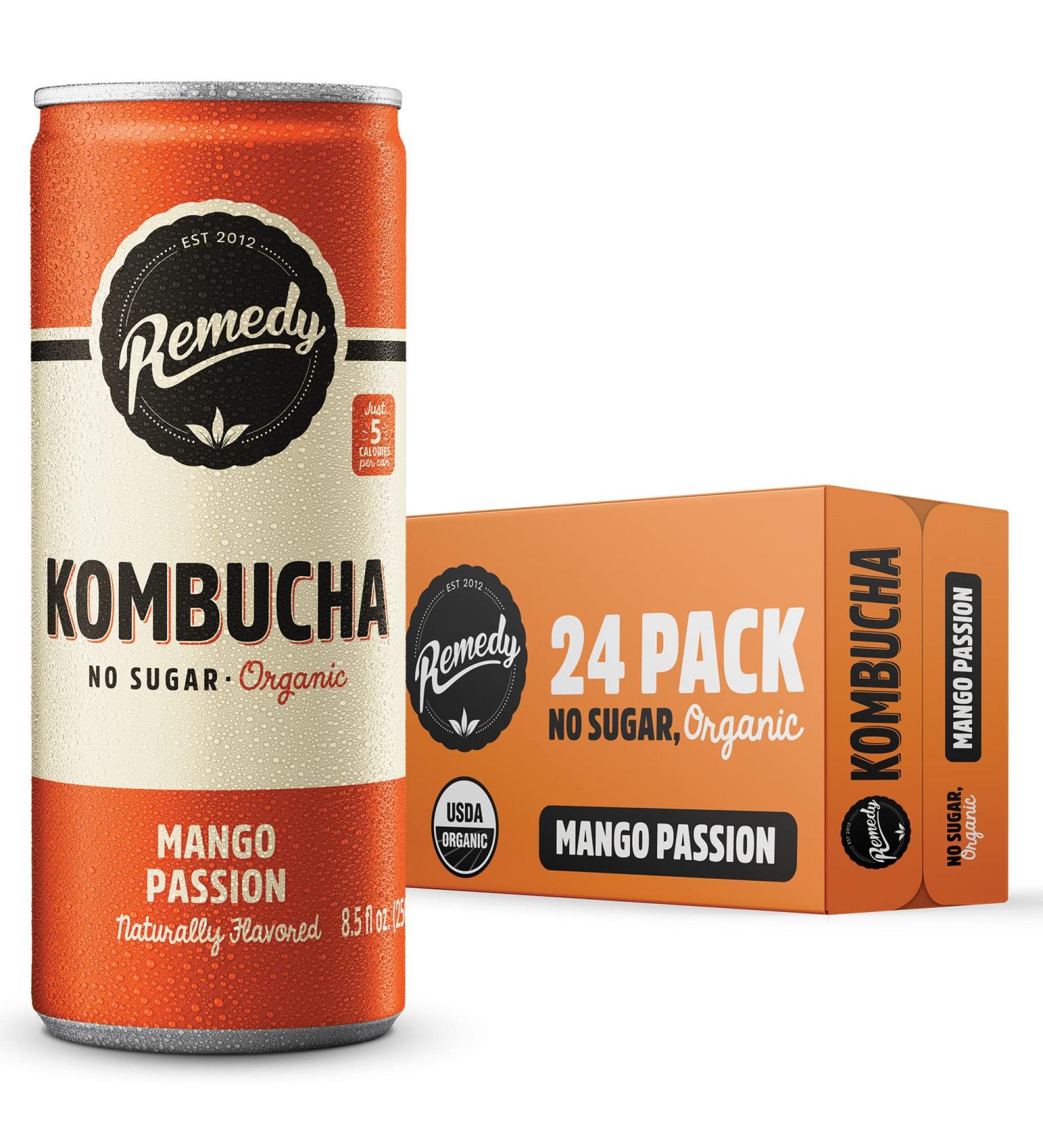 Remedy Kombucha Tea Organic Drink | Sugar-Free, Keto, Vegan & Gluten-Free | Mango Passion Flavor | 8.5 Fl Oz Can 24-Pack - Buy Online on GoSupps.com