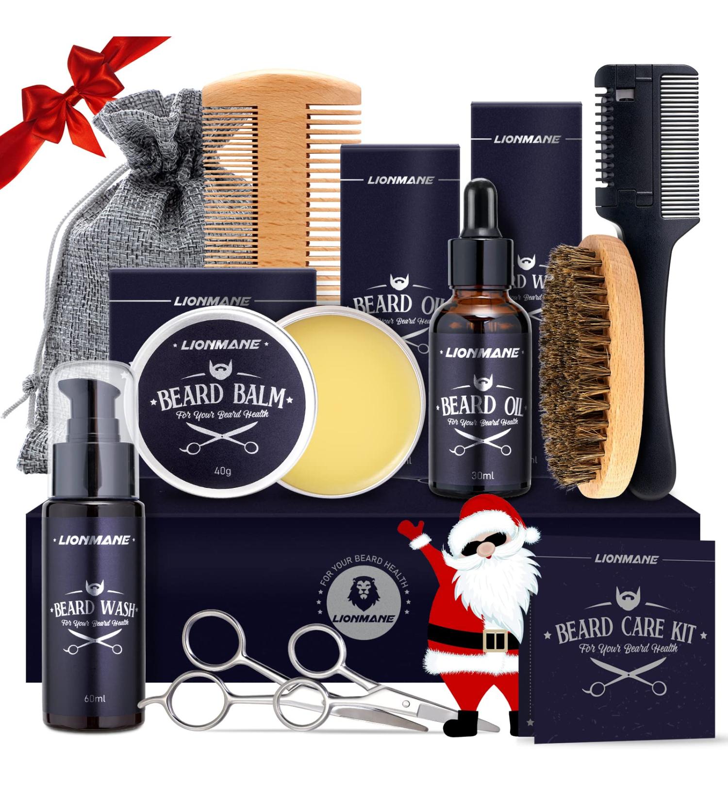 Christmas Beard Care Kit for Men | LIONMANE Beard Grooming Kit with Balm, Wash, Oil, Comb, Brush & Scissors - Best Anniversary, Birthday, Thanksgiving Gifts for Him - Buy Online on GoSupps.com