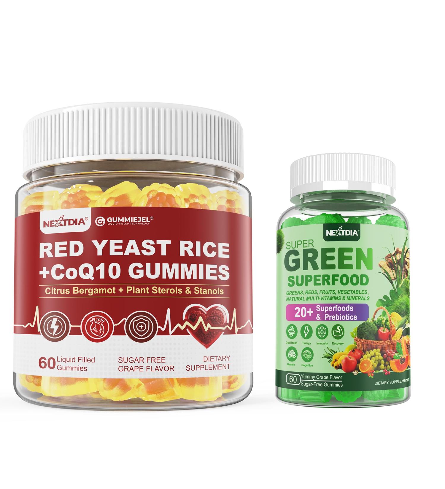 Nextdia 1PACK Sugar Free Red Yeast Rice Gummies 2400MG with CoQ10 + 1PACK Super Greens Gummies - Buy Online on GoSupps.com