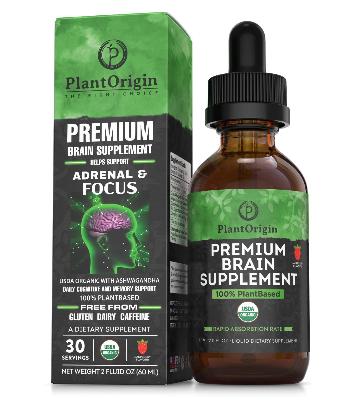 PLANTORIGIN-USDA Organic Liquid Brain Supplement Plant-Based Nootropic Drops for Focus Memory & Mental Clarity Vegan Non-GMO Caffeine-Free Ashwagandha Ginseng Ginkgo Rhodiola Made in USA - Buy Online on GoSupps.com