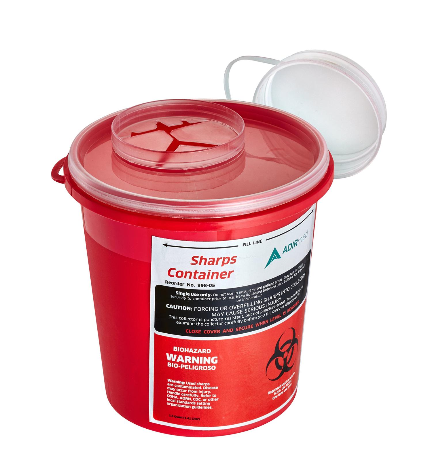 AdirMed 1.5 Quart Sharps Disposal Container - Biohazard Syringe Disposal for Home, Clinic, Office, Barber - Flip-Open Lid - Buy Online on GoSupps.com