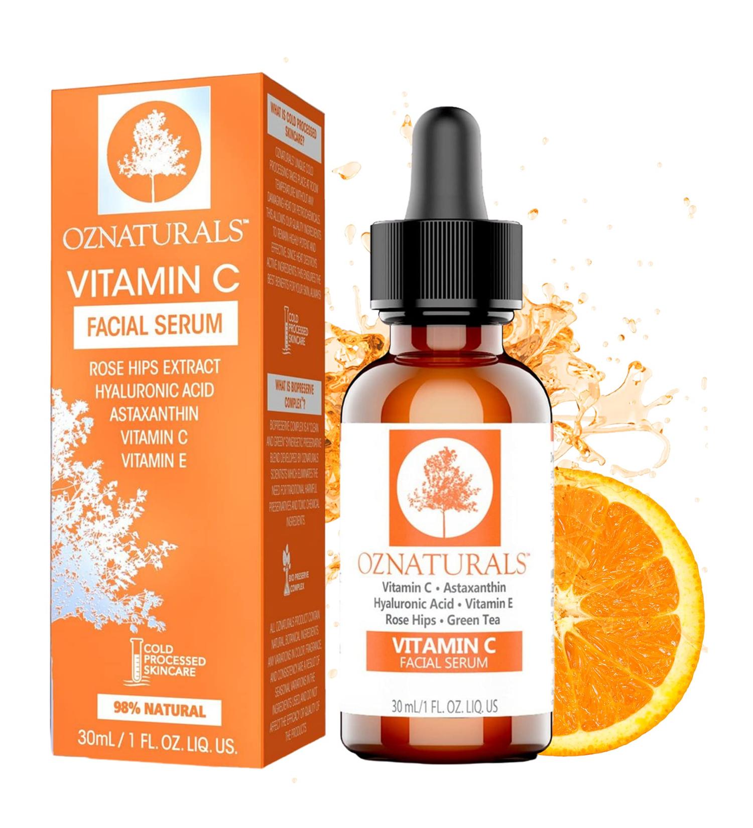 OZNaturals Vitamin C Serum with Hyaluronic Acid, Vitamin E, and Rosehip Oil - Anti Aging Facial Serum for Brighter, Even Skin Tone - Buy Online on GoSupps.com